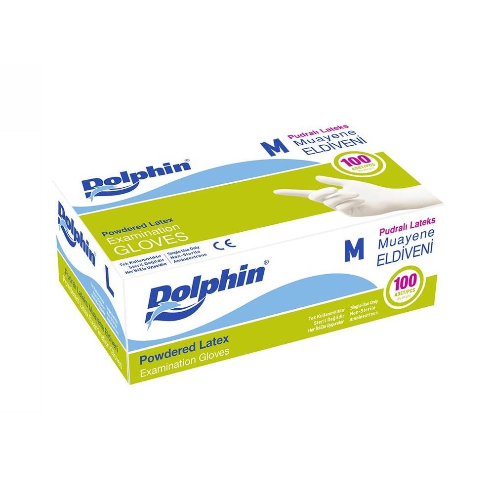 Dolphin Pudralı Latex Beyaz Eldiven Medium 100'Lü