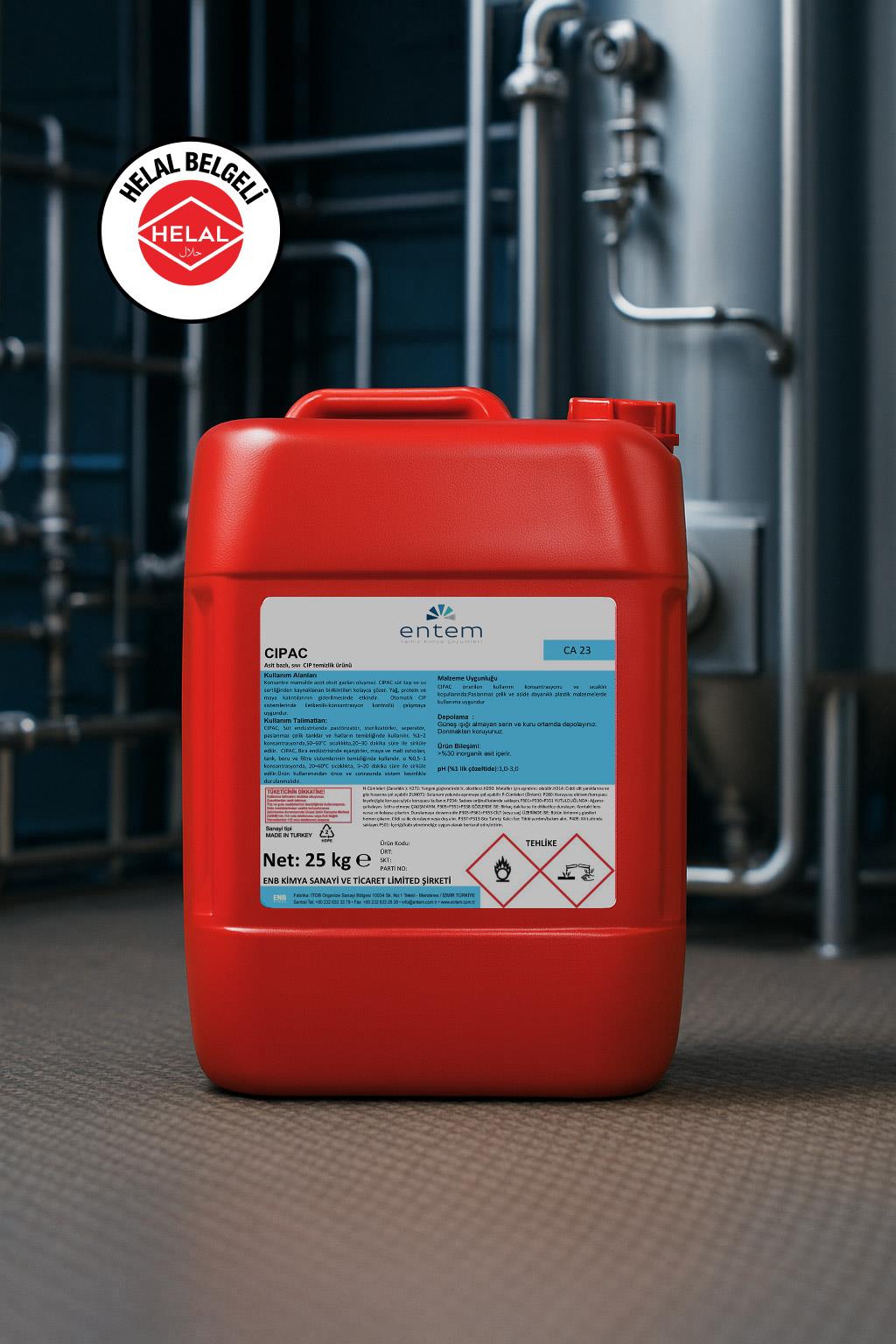 CIPAC – Asit Bazlı Sıvı CIP Temizlik Kimyasalı 25 lt | Süt ve Bira Endüstrileri İçin Güçlü CIP Temizleyici | Beyond Hijyen | Gıda ve İçecek Hijyeni CIP Temizlik KimyasallarıEntemCIPAC – Helal Belgeli Asit Bazlı Sıvı CIP Temizlik Kimyasalı 25 lt