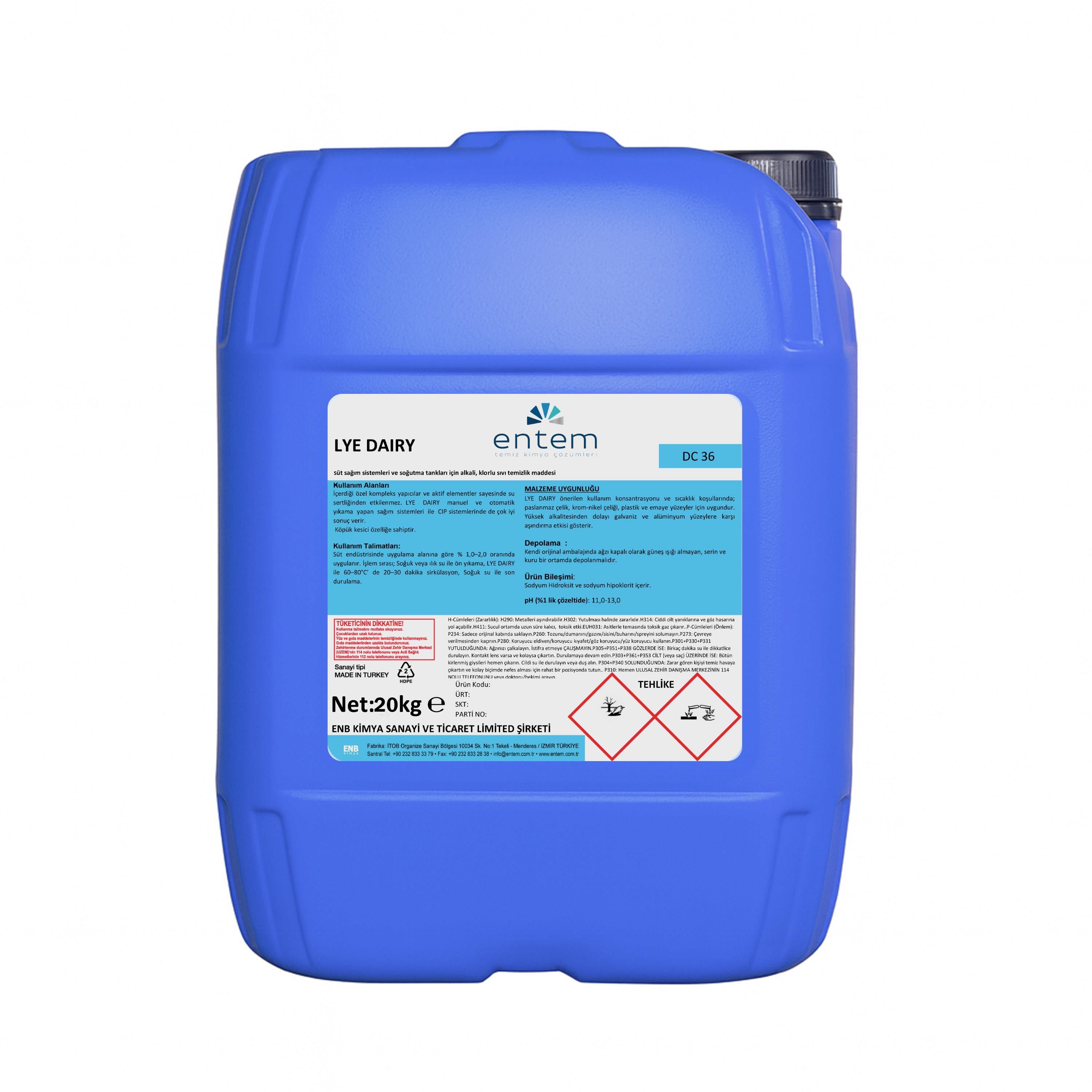 LYE DAIRY – Alkali ve Klorlu Sıvı Temizlik Maddesi | Beyond HijyenEntemEntem LYE DAIRY helal belgeli Alkali Sağım Sistemi ve Süt Tankı Temizleyicisi 25 LT