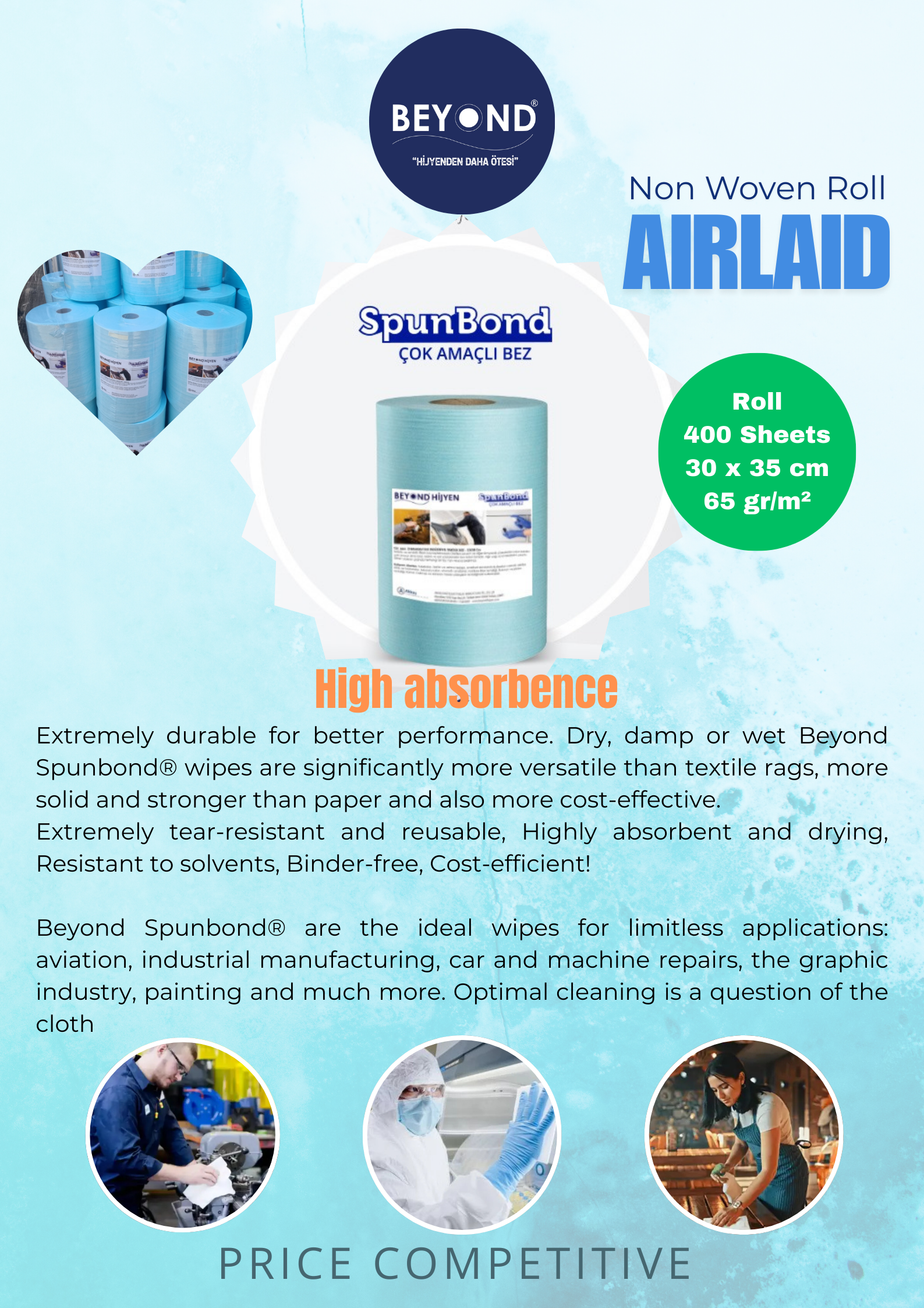 Beyond Spunforce Horeca / Profesyonel Temizlik Bezleri 400 Yaprak Turkuaz RuloBeyond HijyenSpunforce Horeca / Profesyonel Temizlik Bezleri 400 Yaprak Turkuaz Rulo
