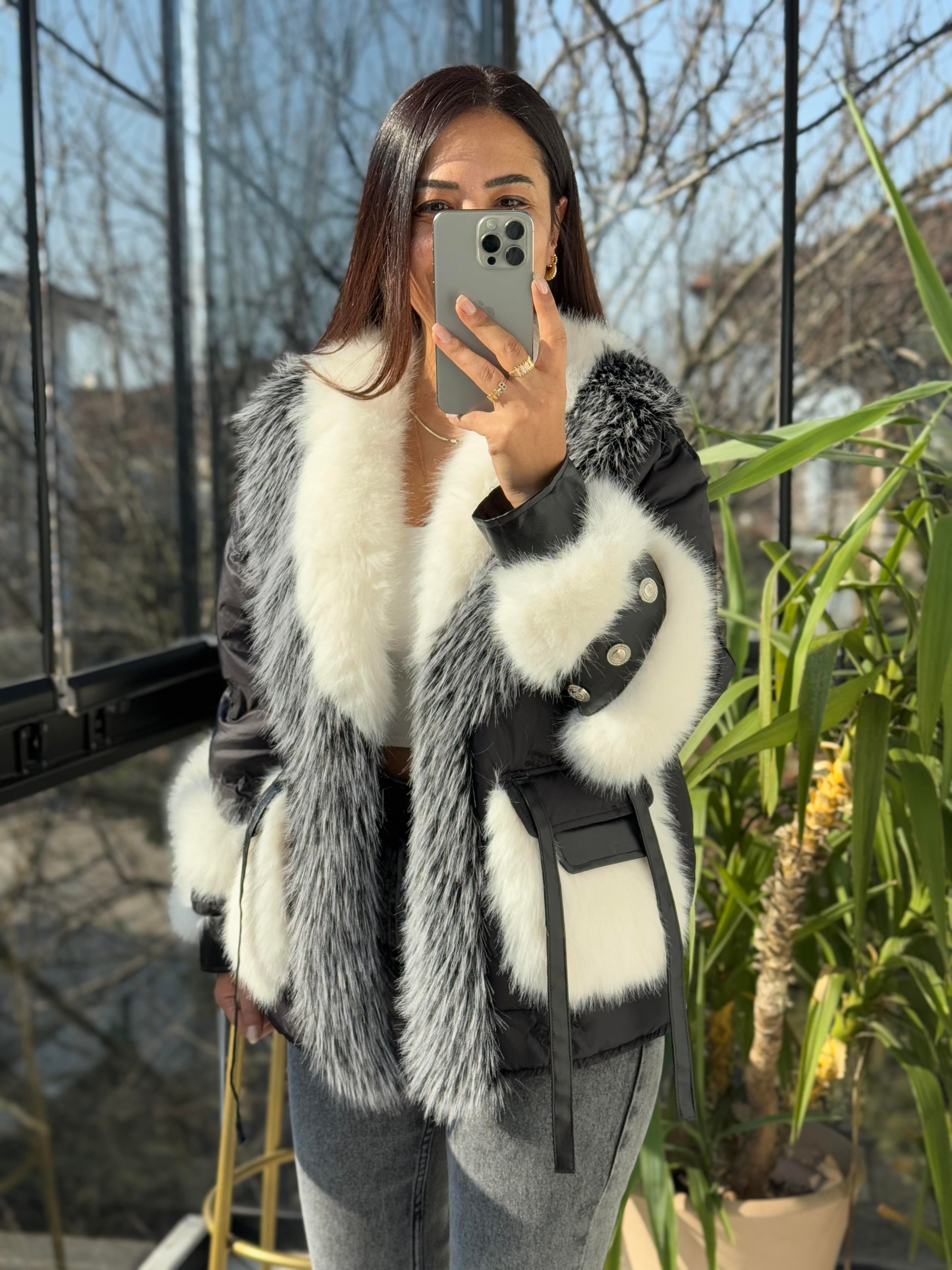  İthal Nakışlı Kürklü Şişme Mont Siyah