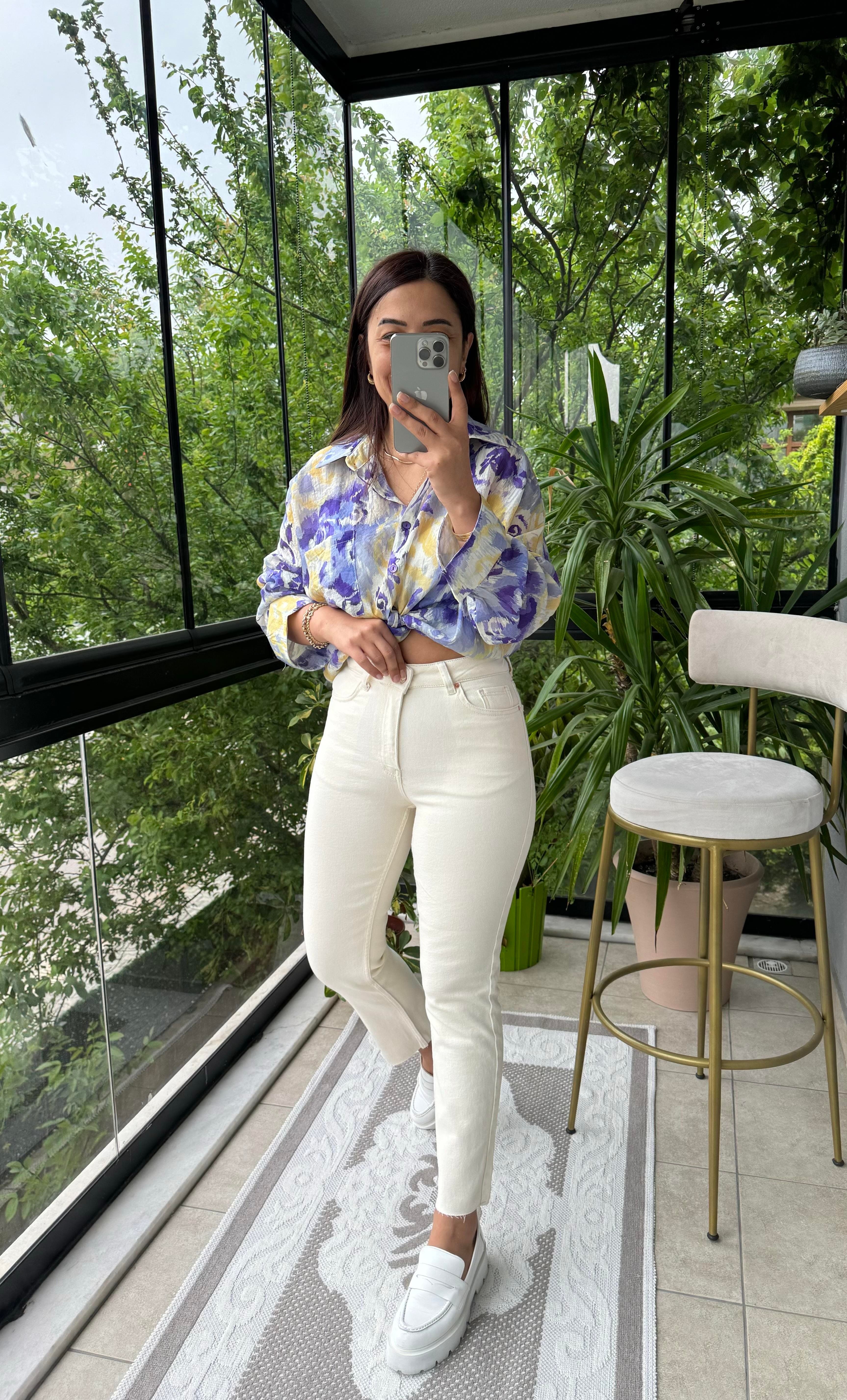  Premium Kalite Kesik Paça Jean Krem