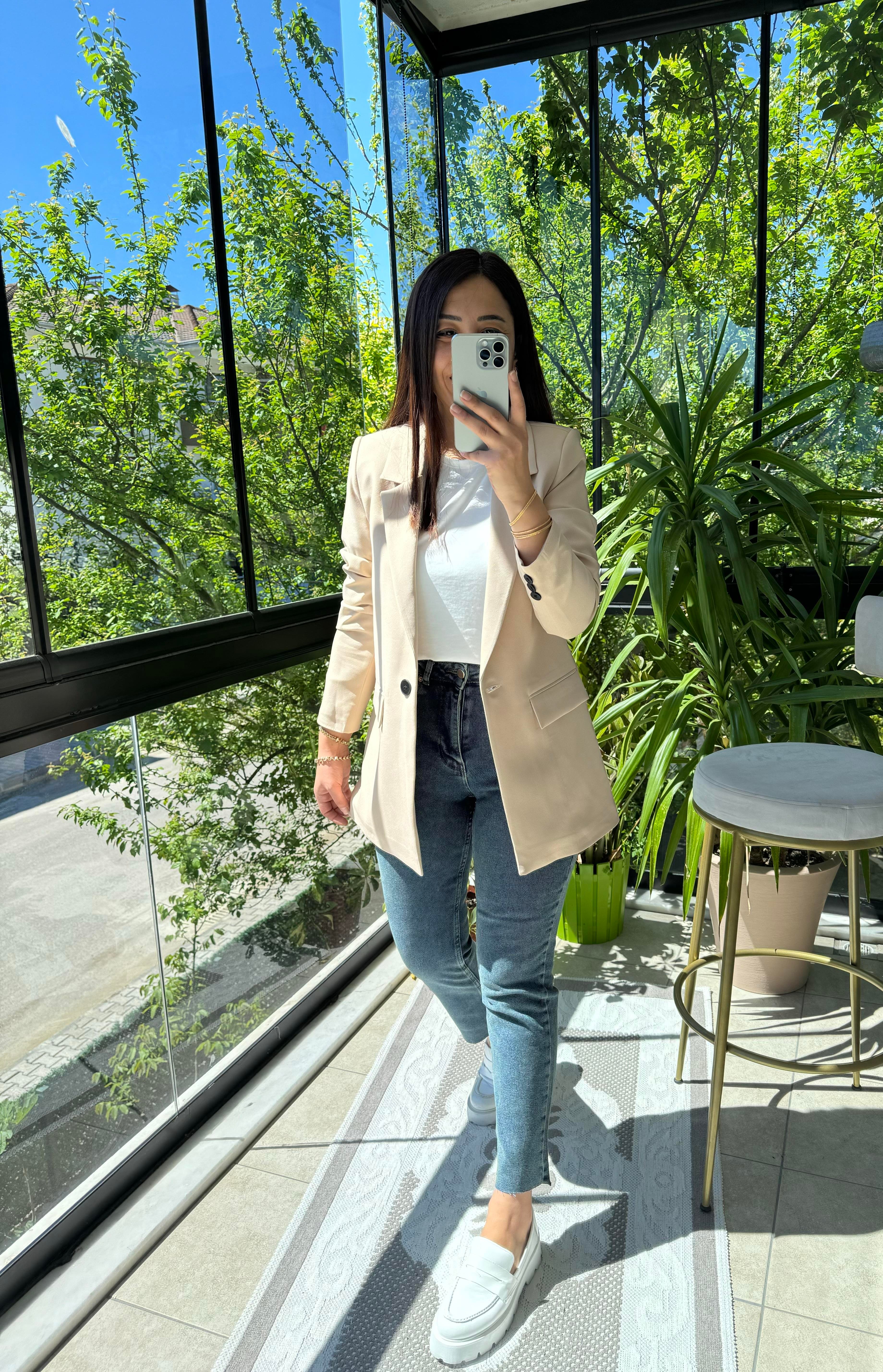  Tek Düğme Blazer Ceket  Bej