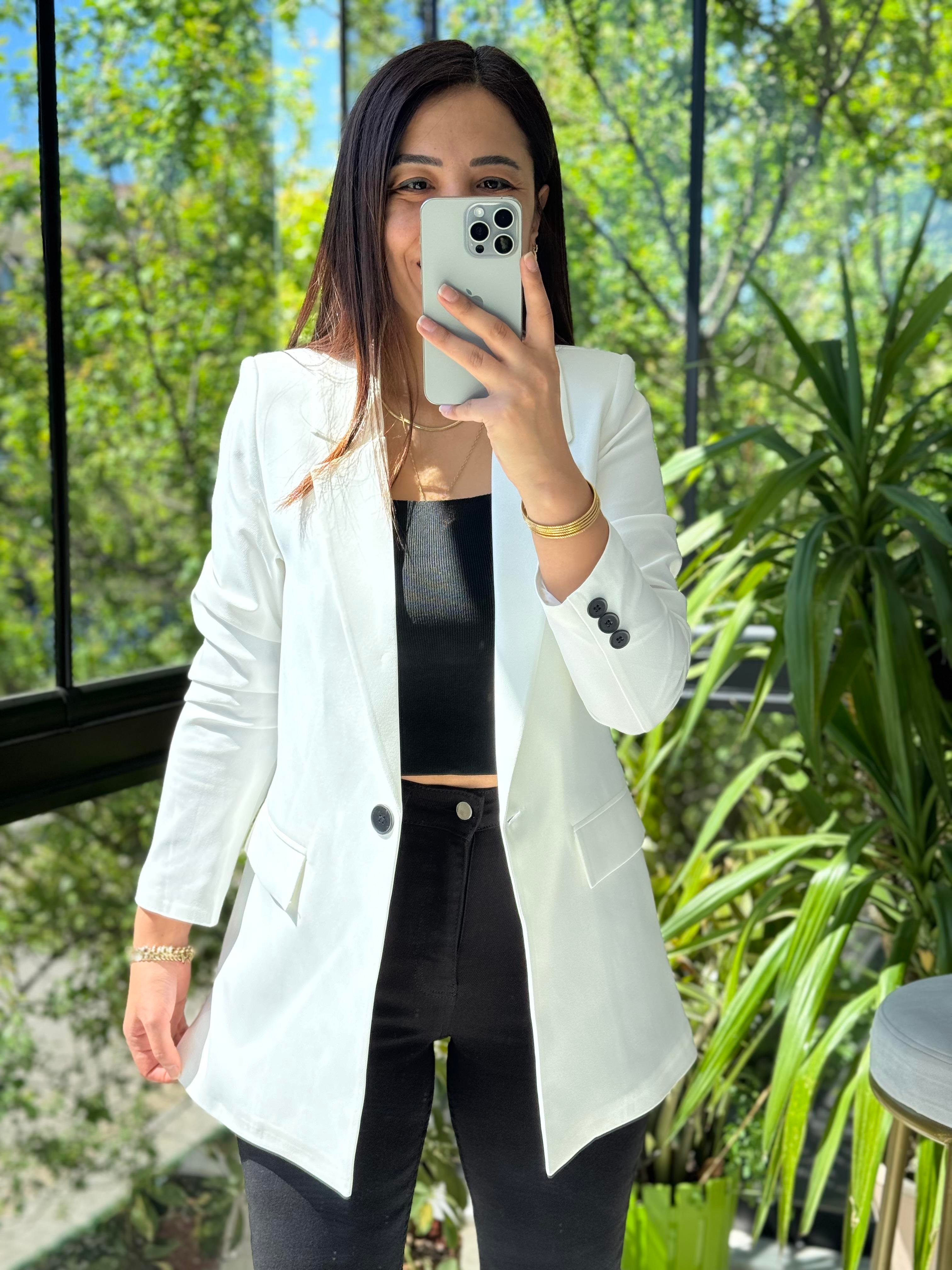  Tek Düğme Blazer Ceket  Beyaz