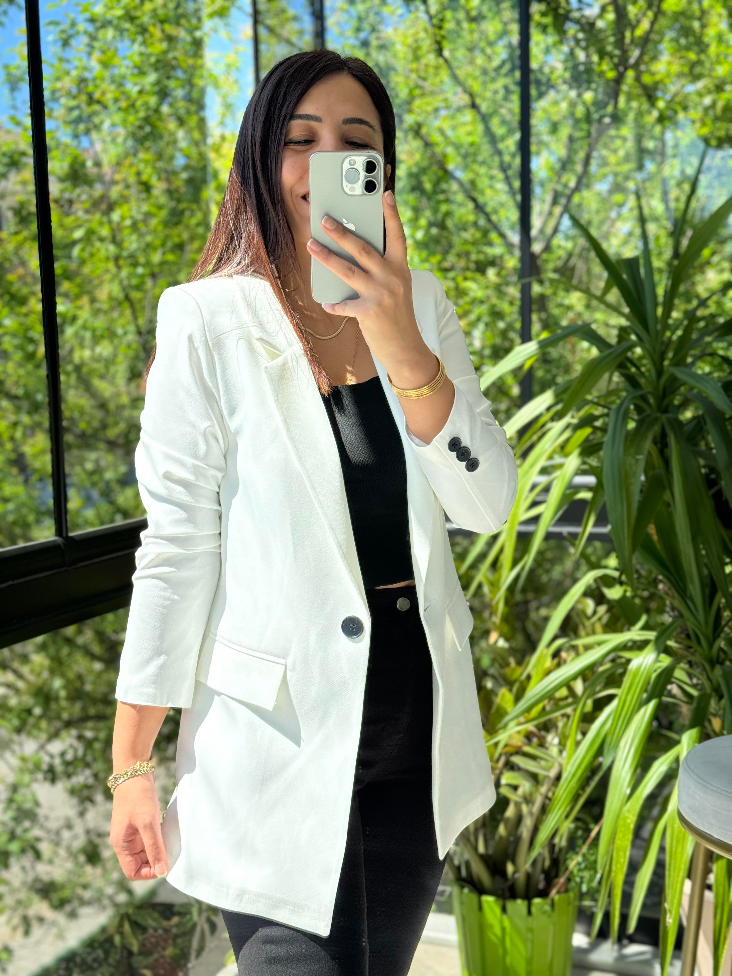  Tek Düğme Blazer Ceket  Beyaz