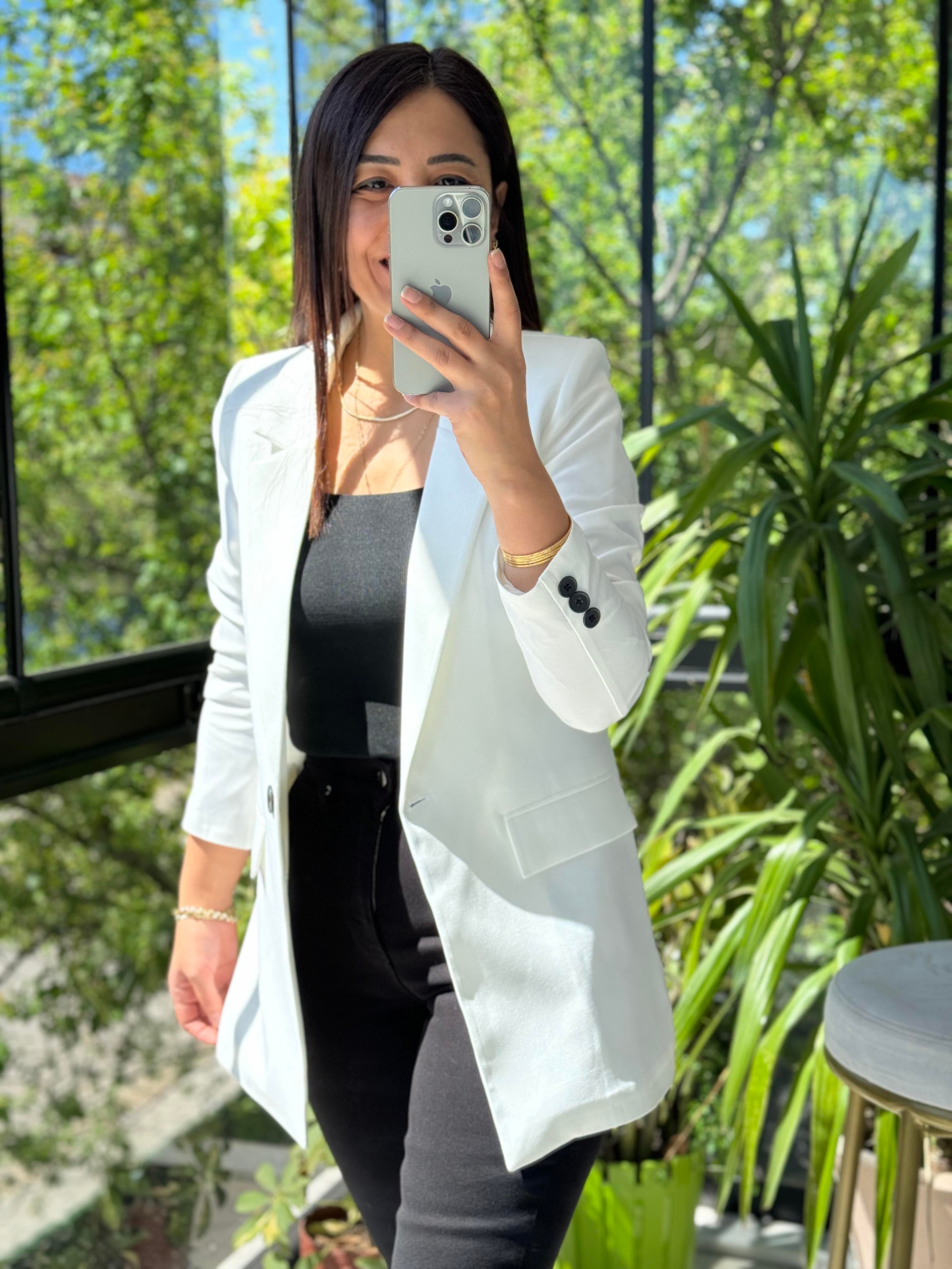  Tek Düğme Blazer Ceket  Beyaz