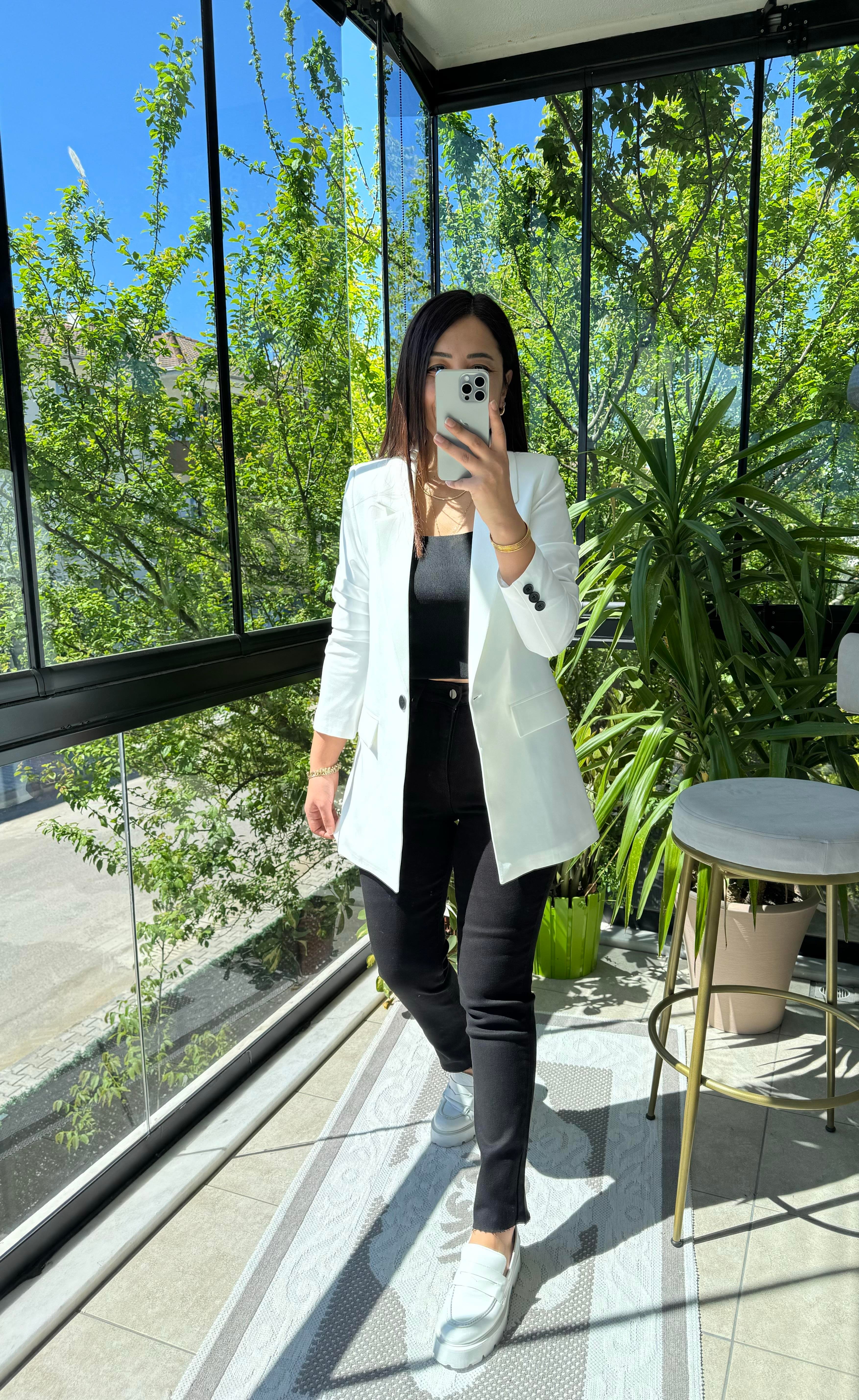  Tek Düğme Blazer Ceket  Beyaz