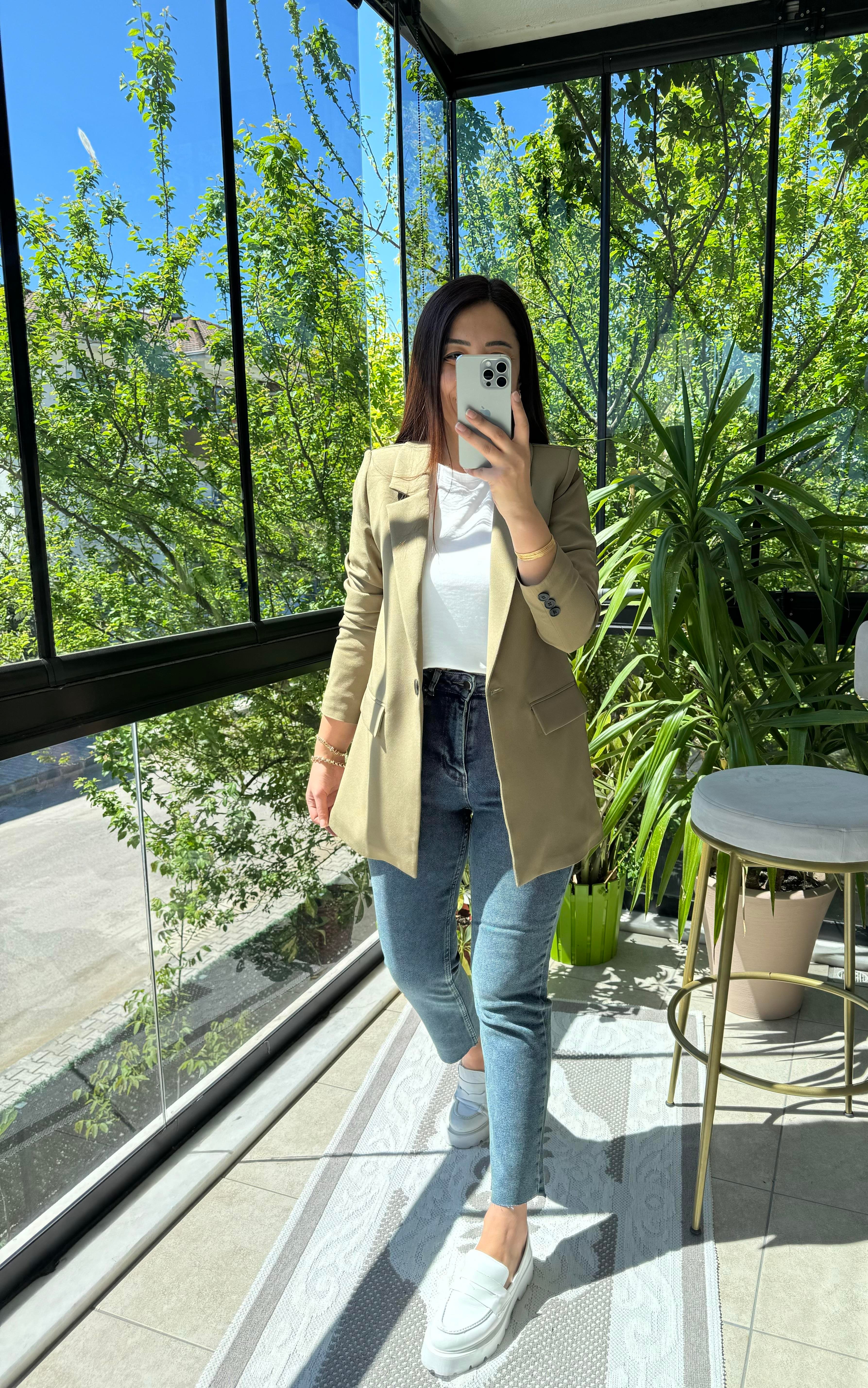  Tek Düğme Blazer Ceket Haki Yeşili