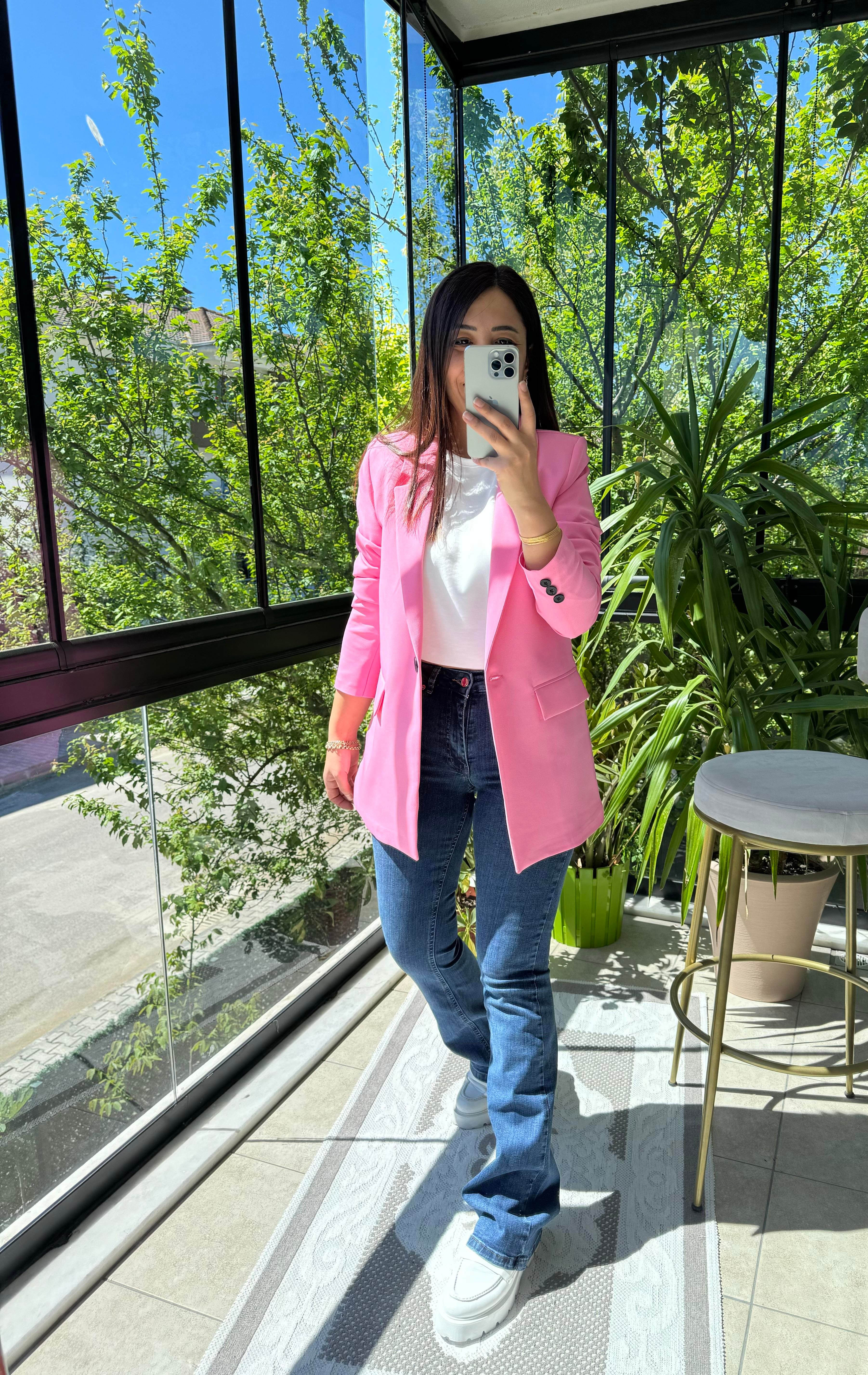  Tek Düğme Blazer Ceket Pembe