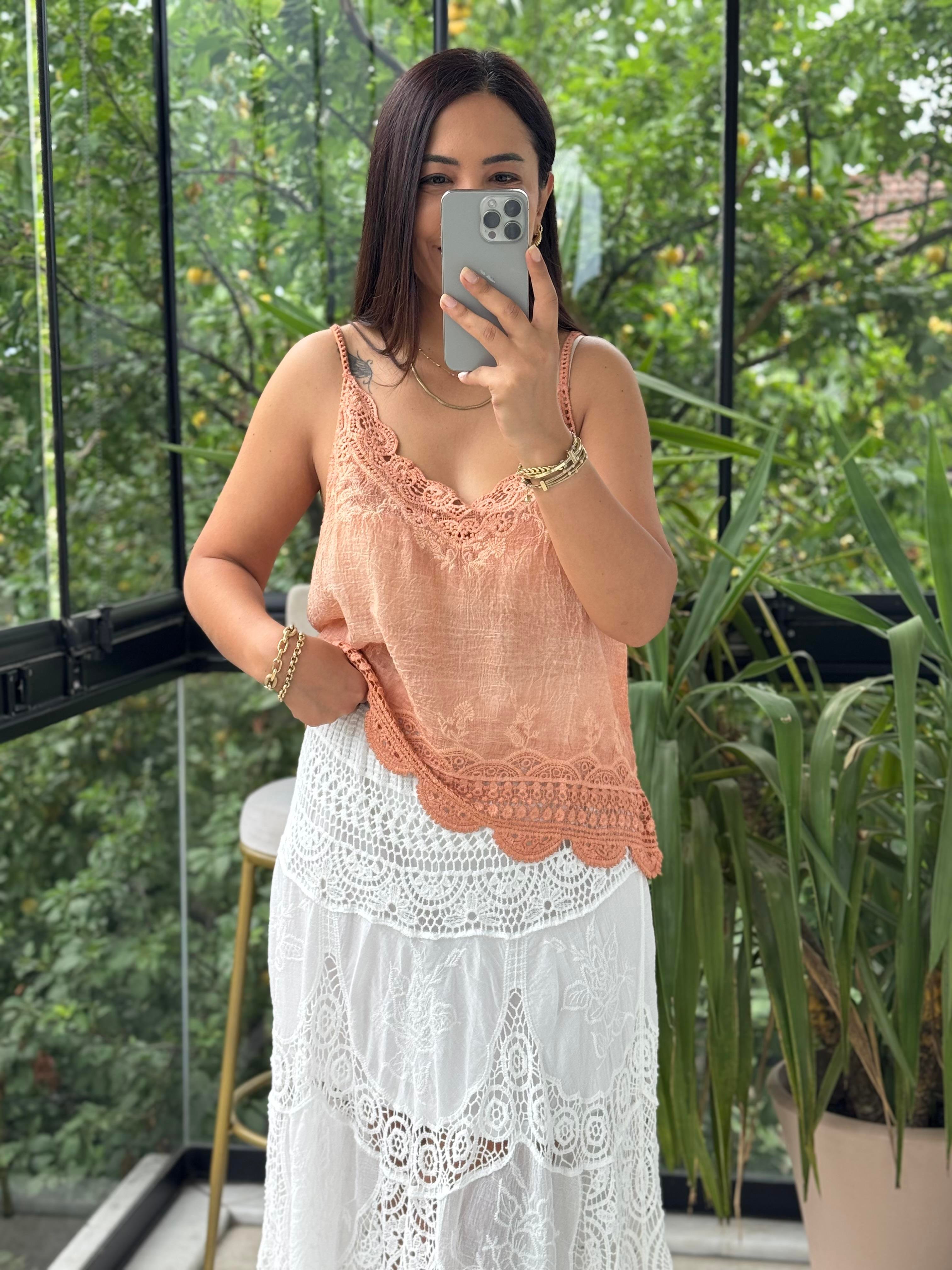 Altı Dantelli Nakışlı Atlet Turuncu