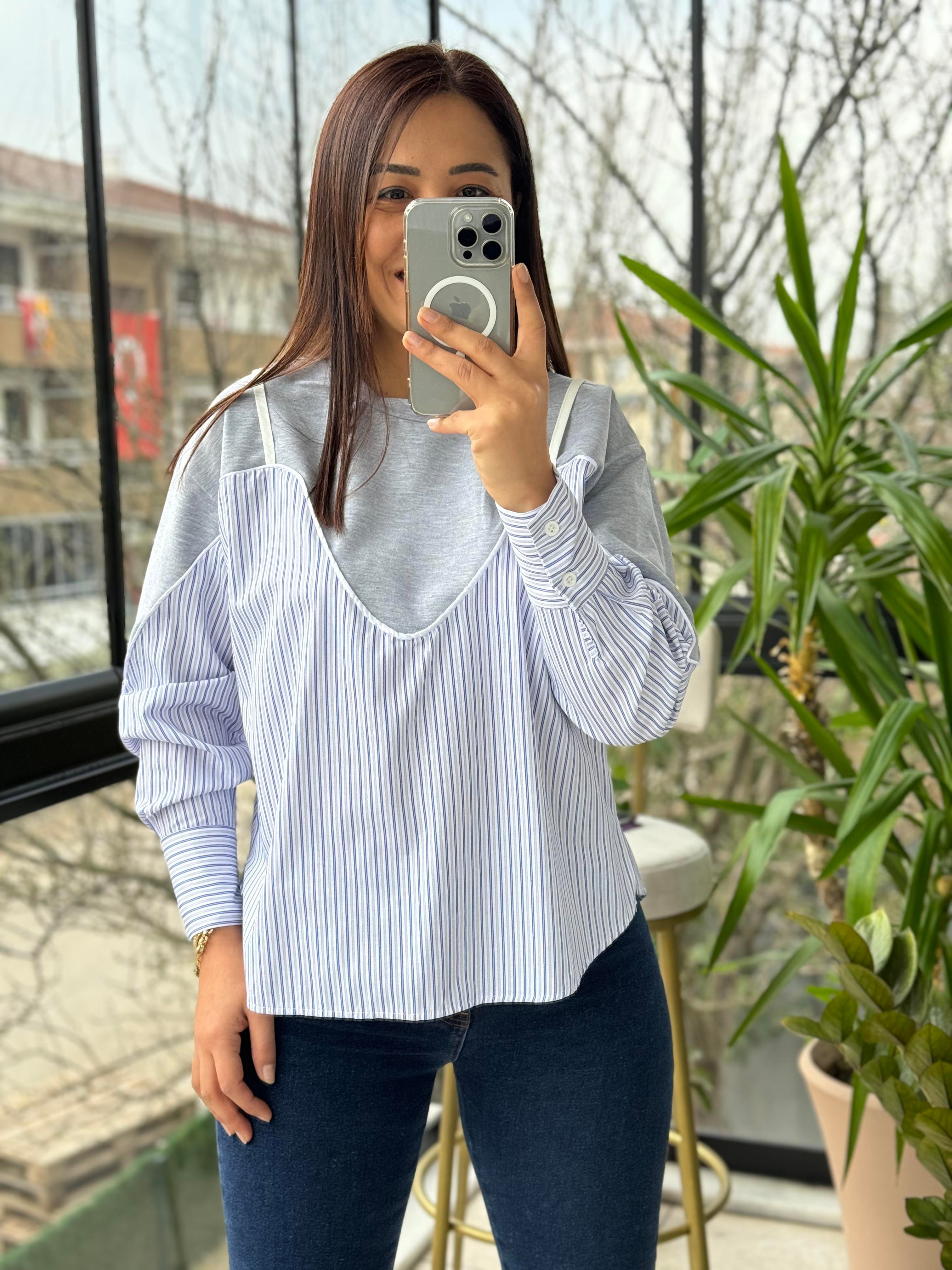 Altı Gömlekli Sweatshirt Gri