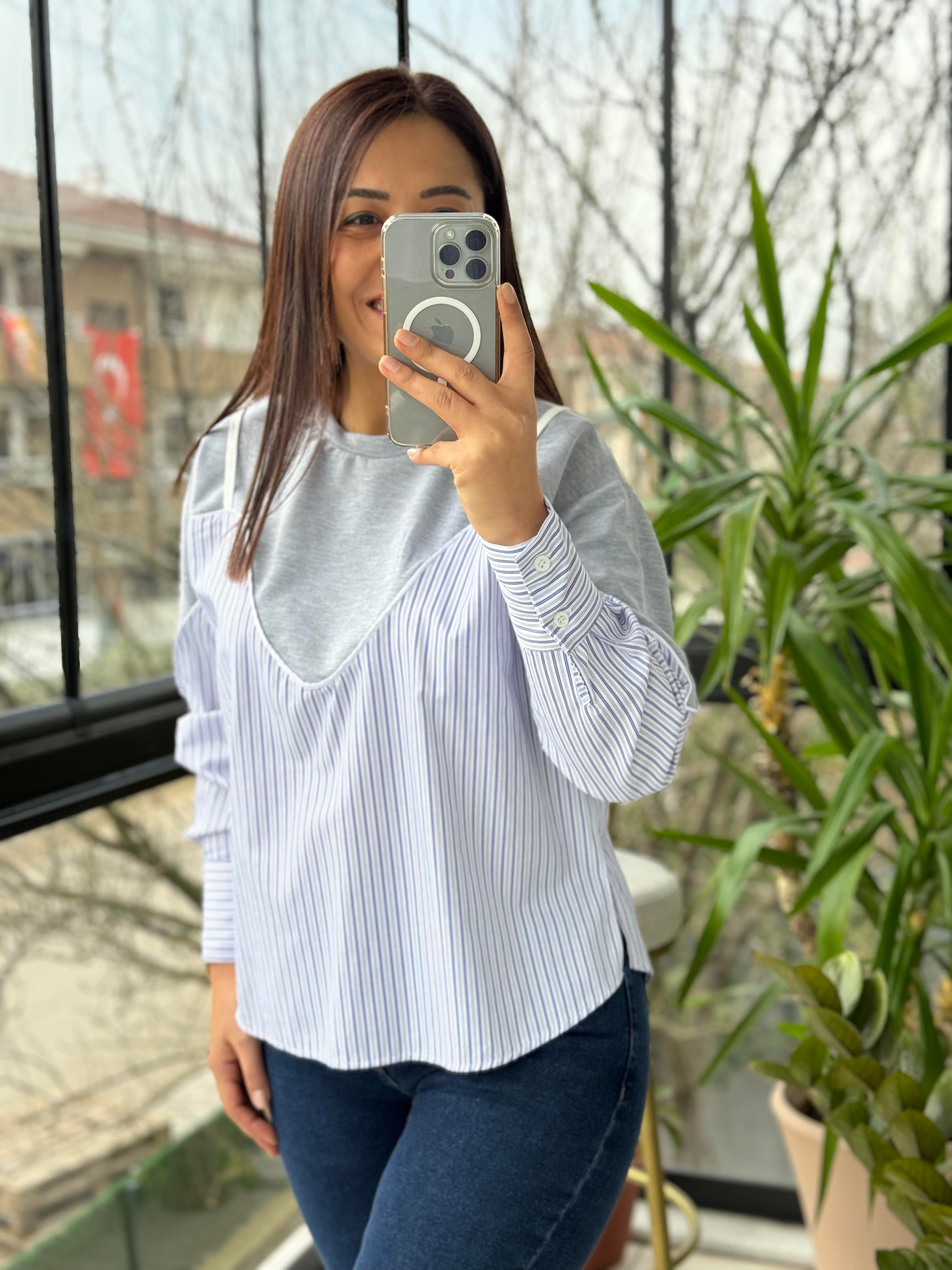 Altı Gömlekli Sweatshirt Gri