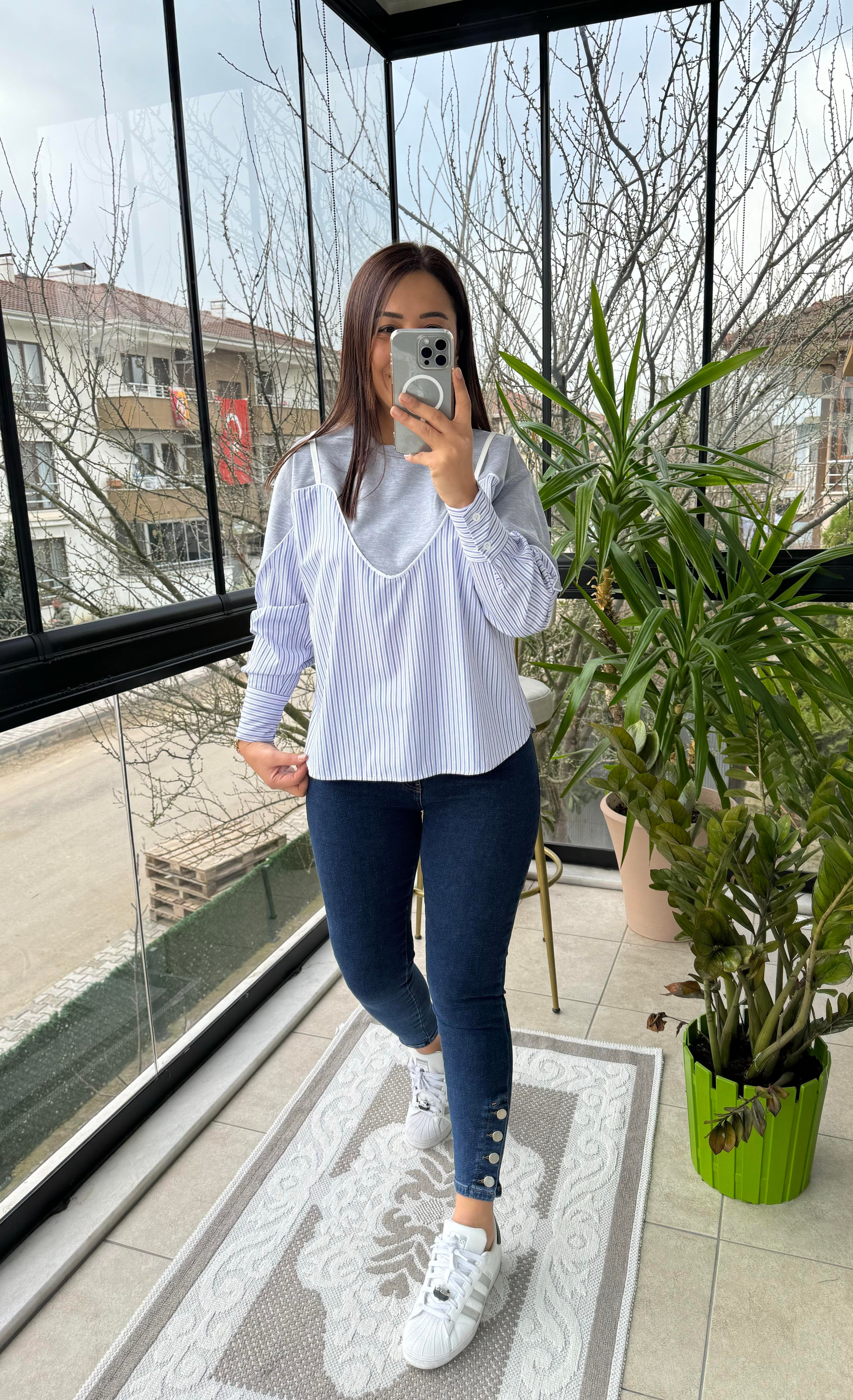 Altı Gömlekli Sweatshirt Gri