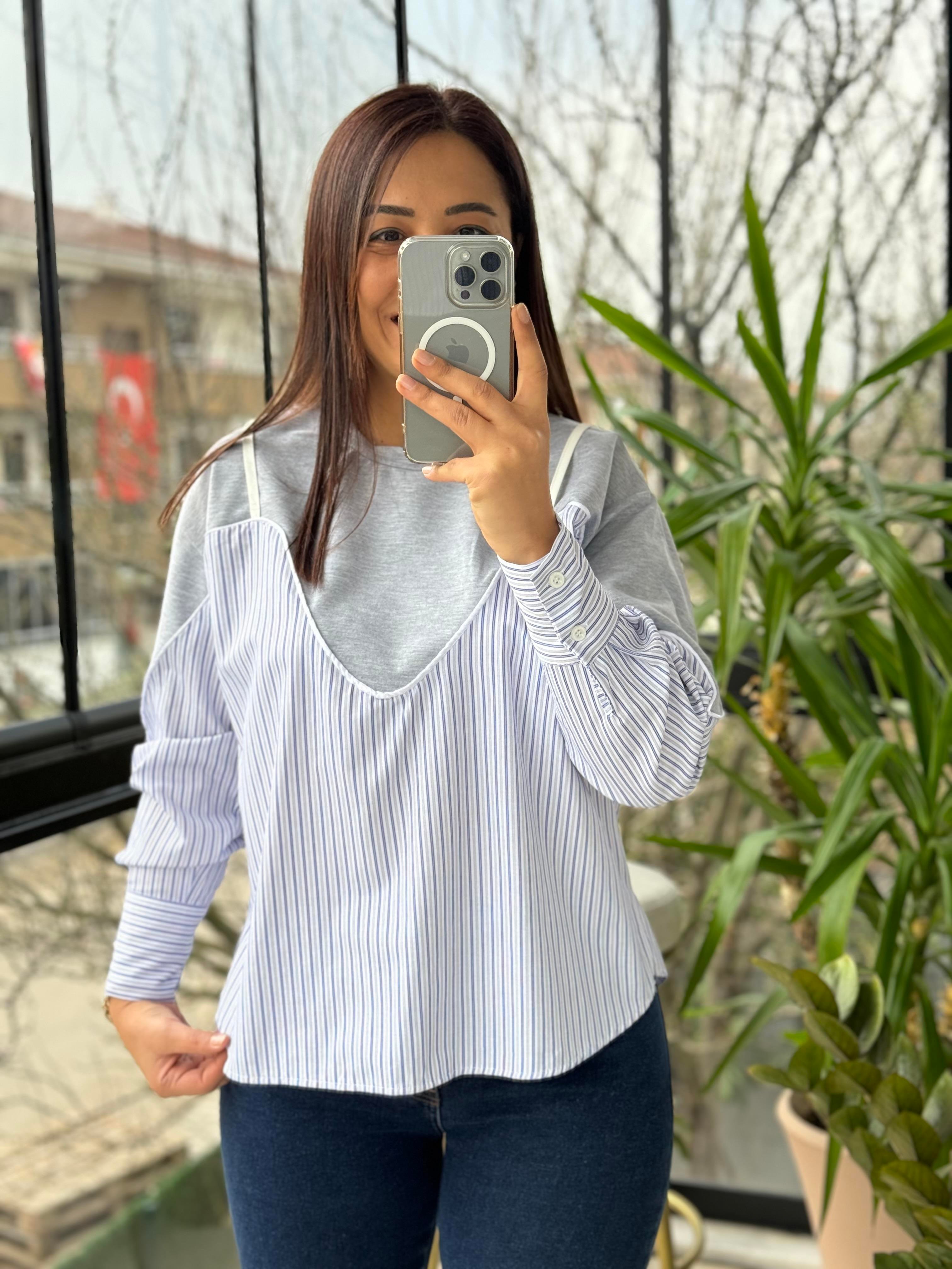 Altı Gömlekli Sweatshirt Gri