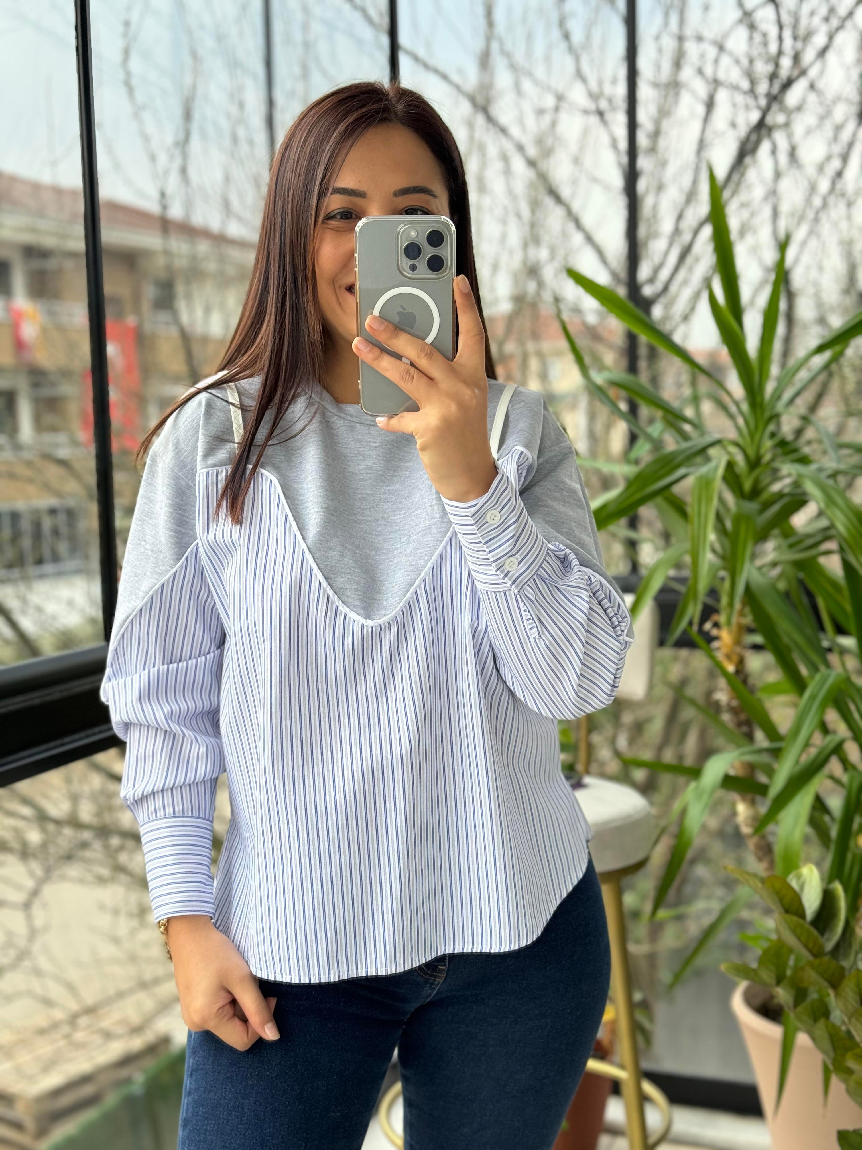 Altı Gömlekli Sweatshirt Gri