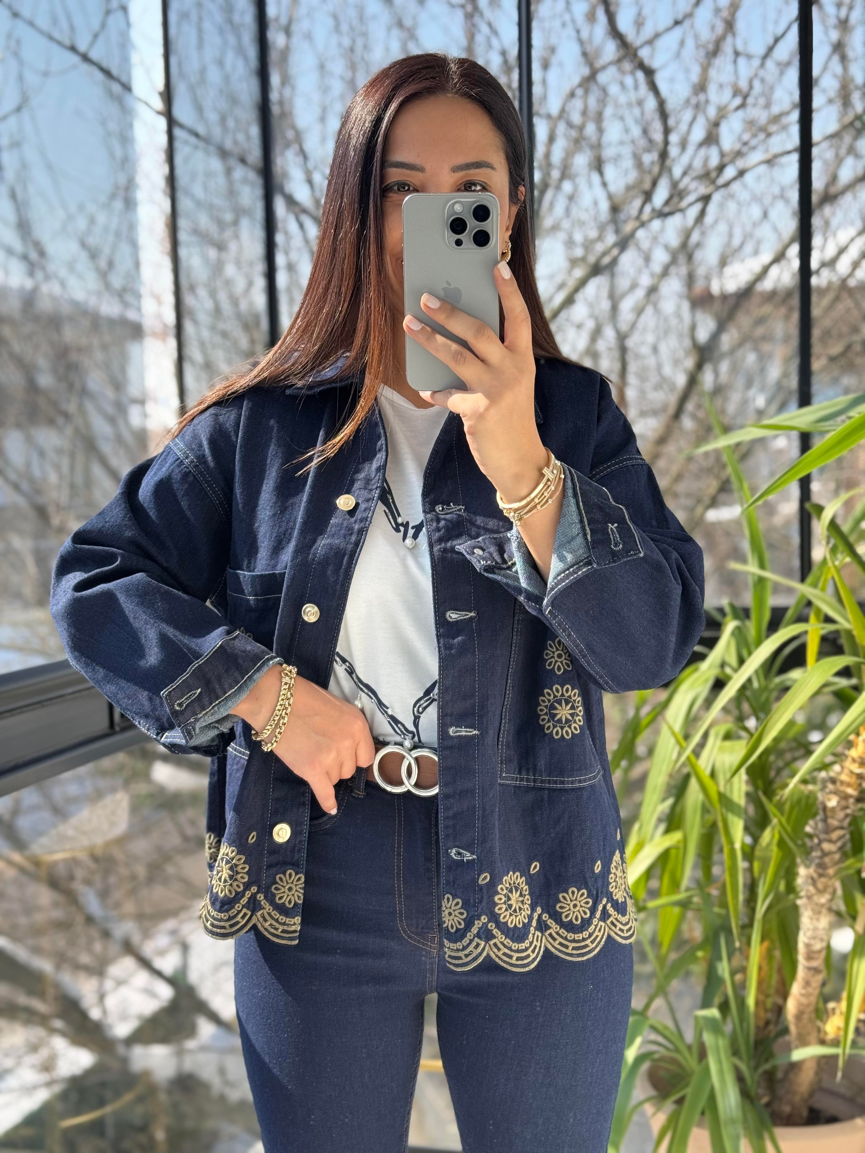 Altı Nakışlı Kot Ceket Lacivert