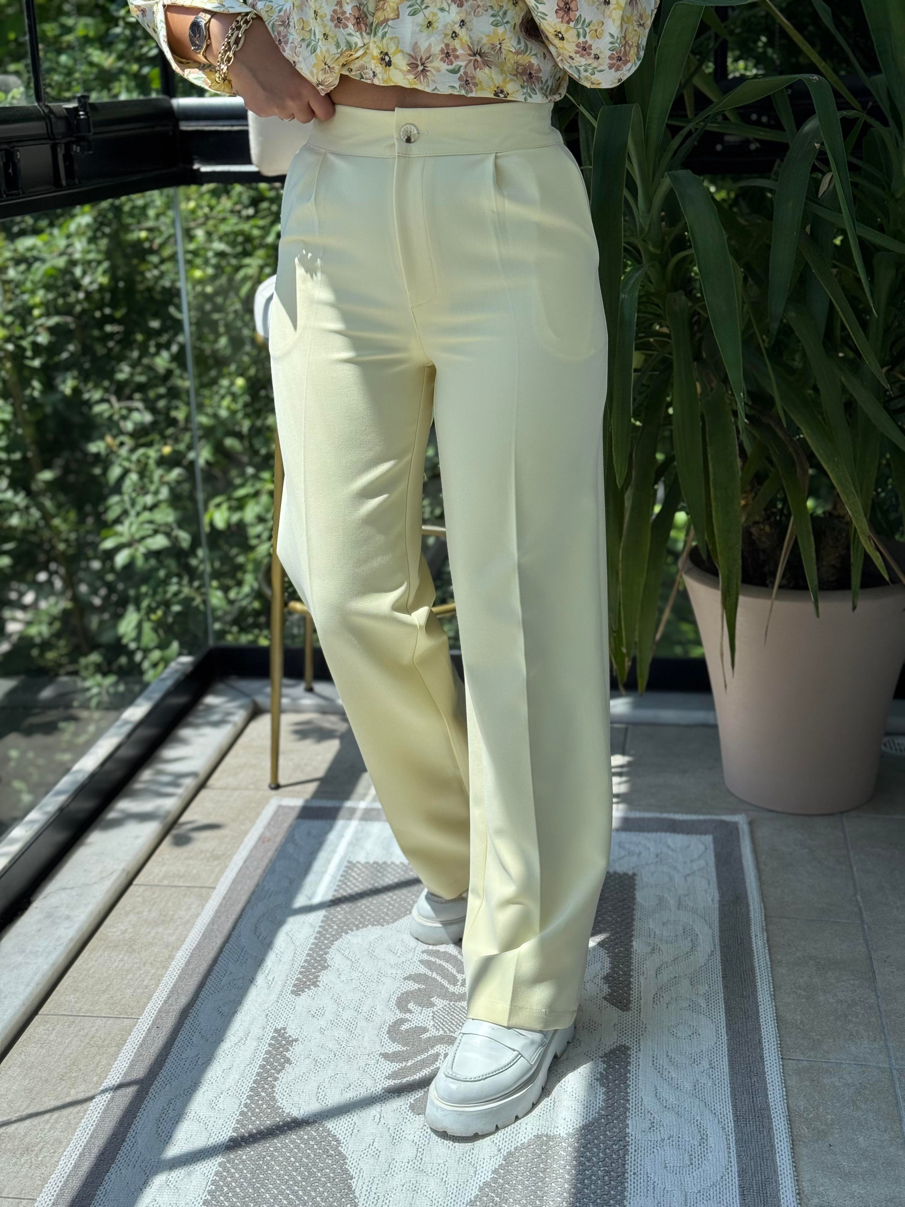 Arka Beli Lastikli Palazzo Kumaş Pantolon Sarı