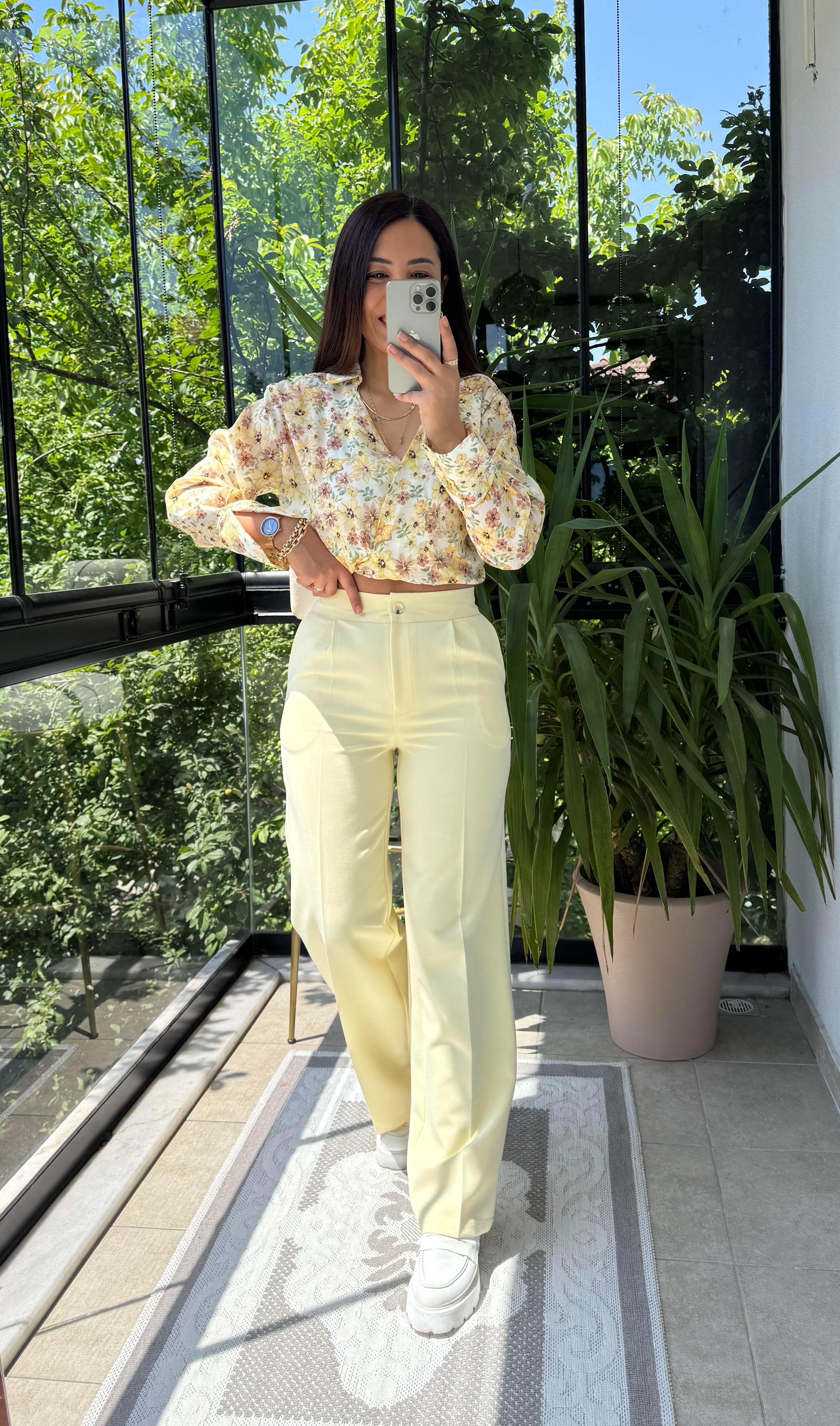 Arka Beli Lastikli Palazzo Kumaş Pantolon Sarı