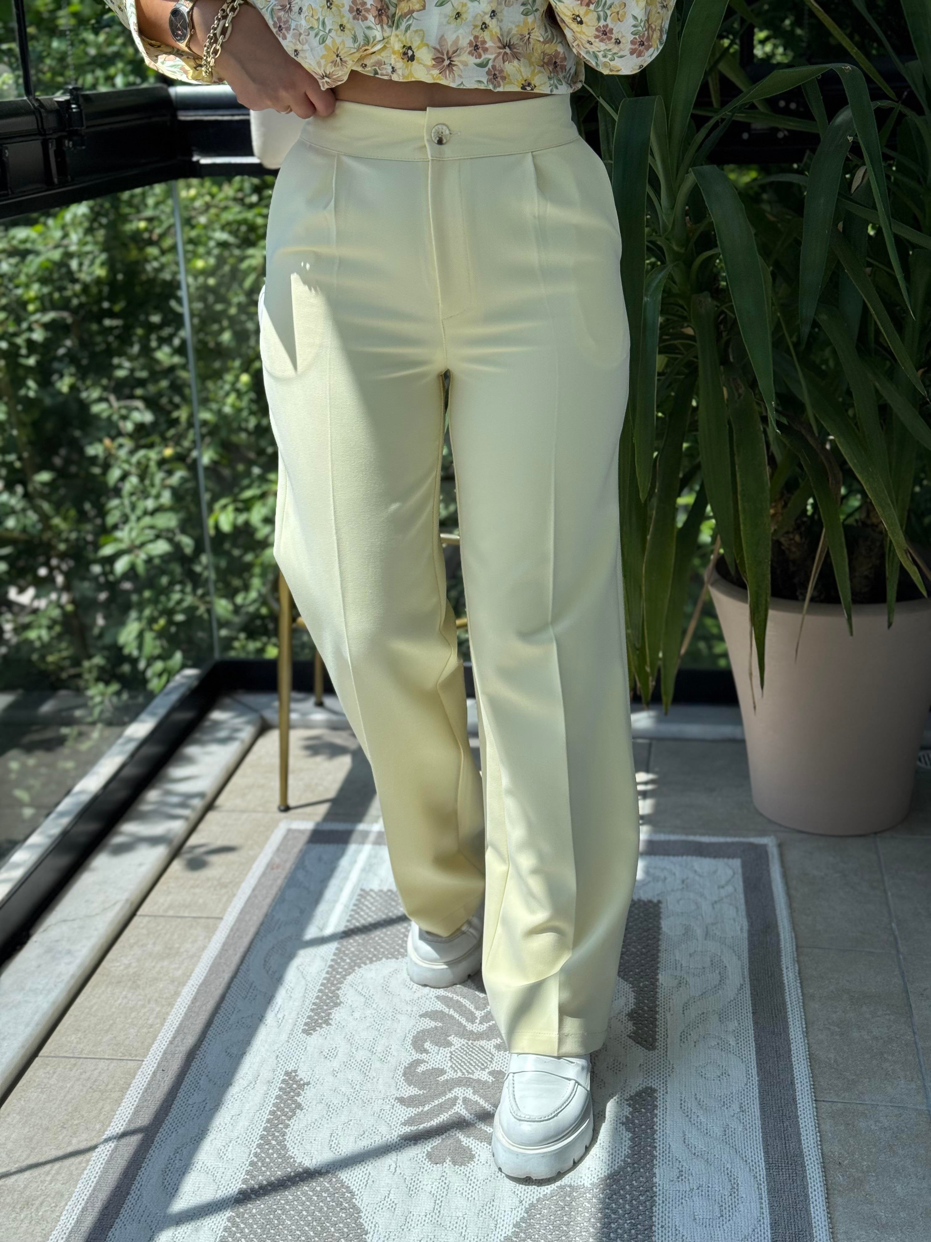 Arka Beli Lastikli Palazzo Kumaş Pantolon Sarı