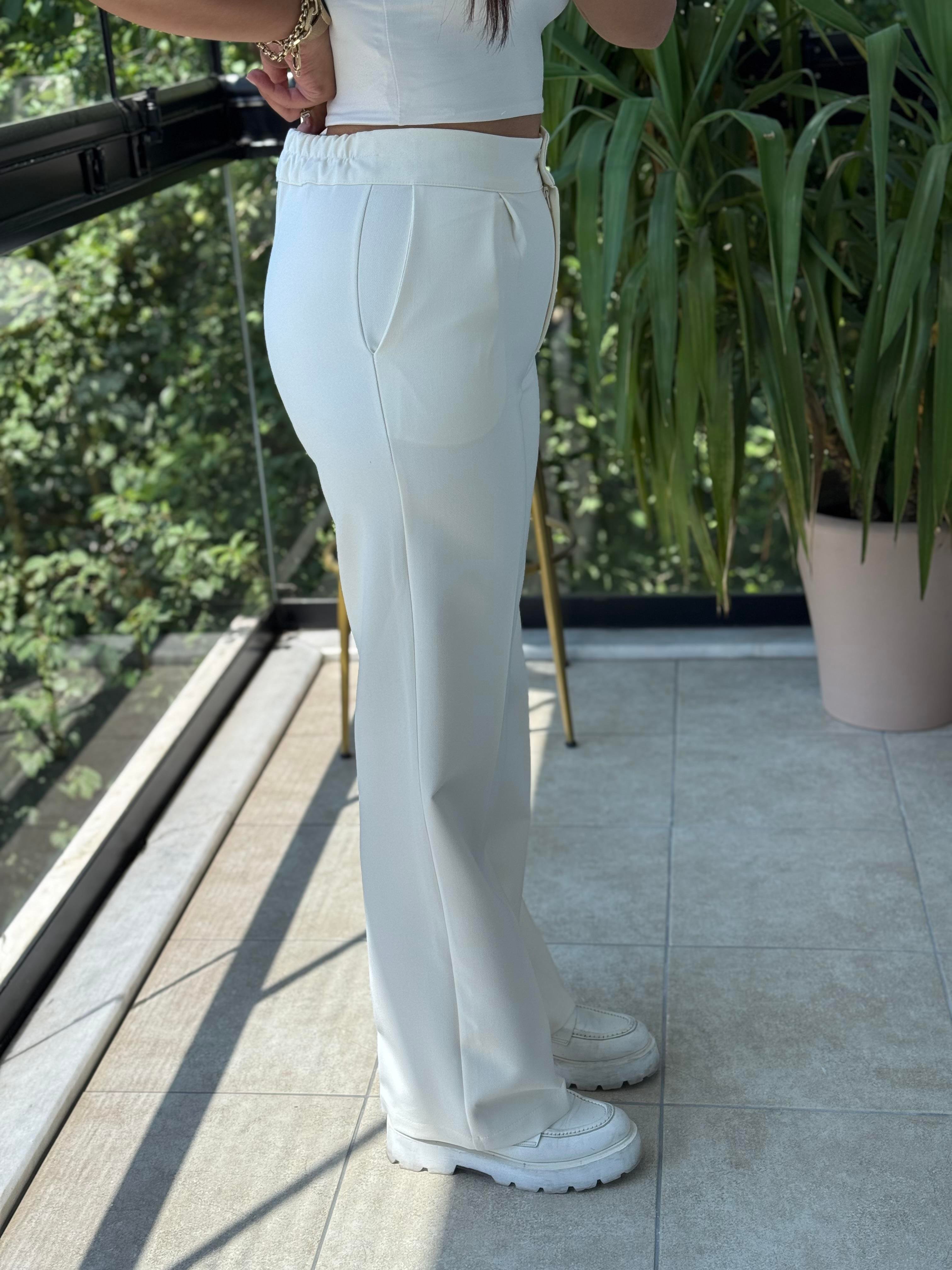 Arka Beli Lastikli Palazzo Kumaş Pantolon Krem