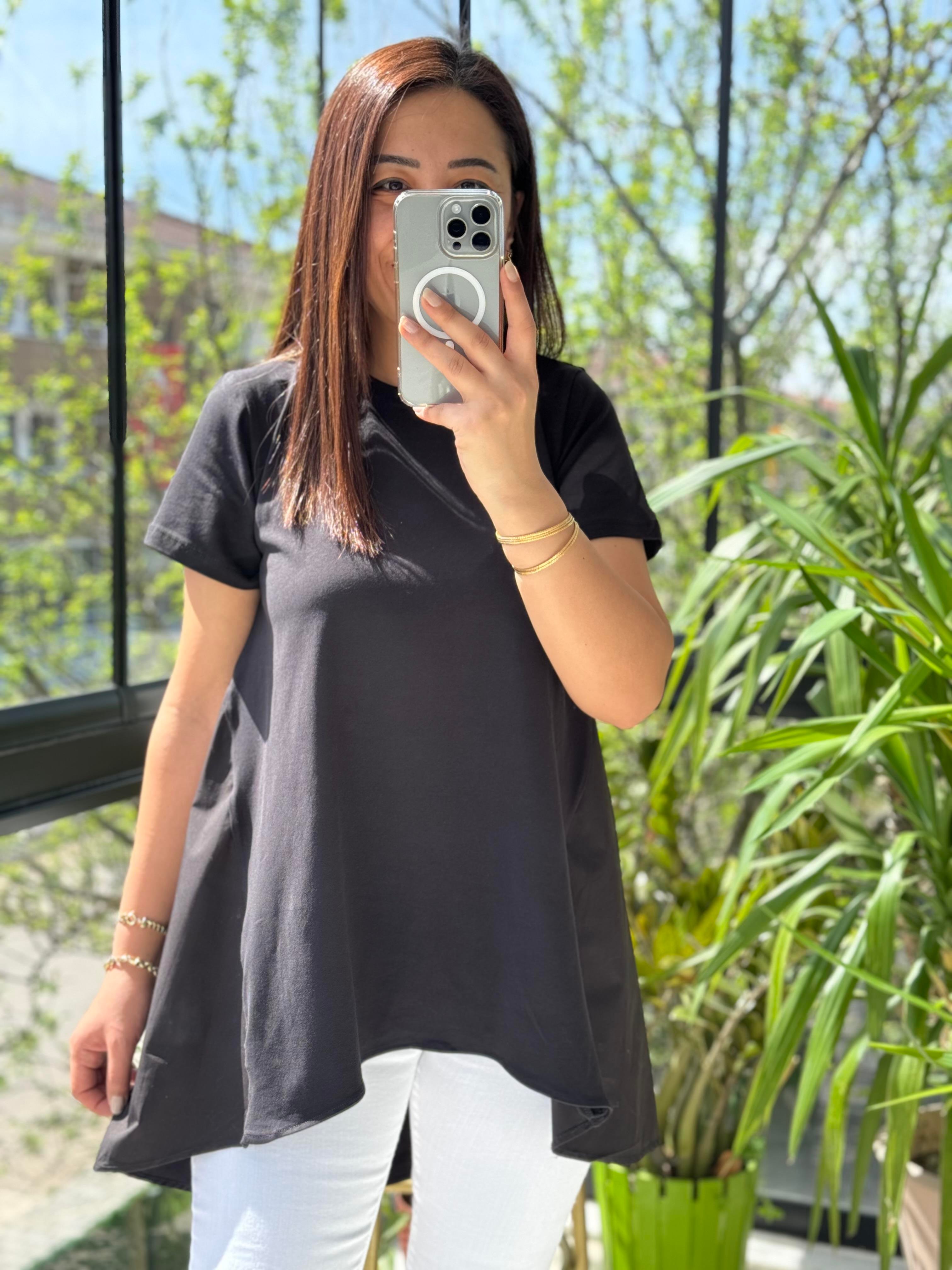 Arkası Poplin Tişört Siyah