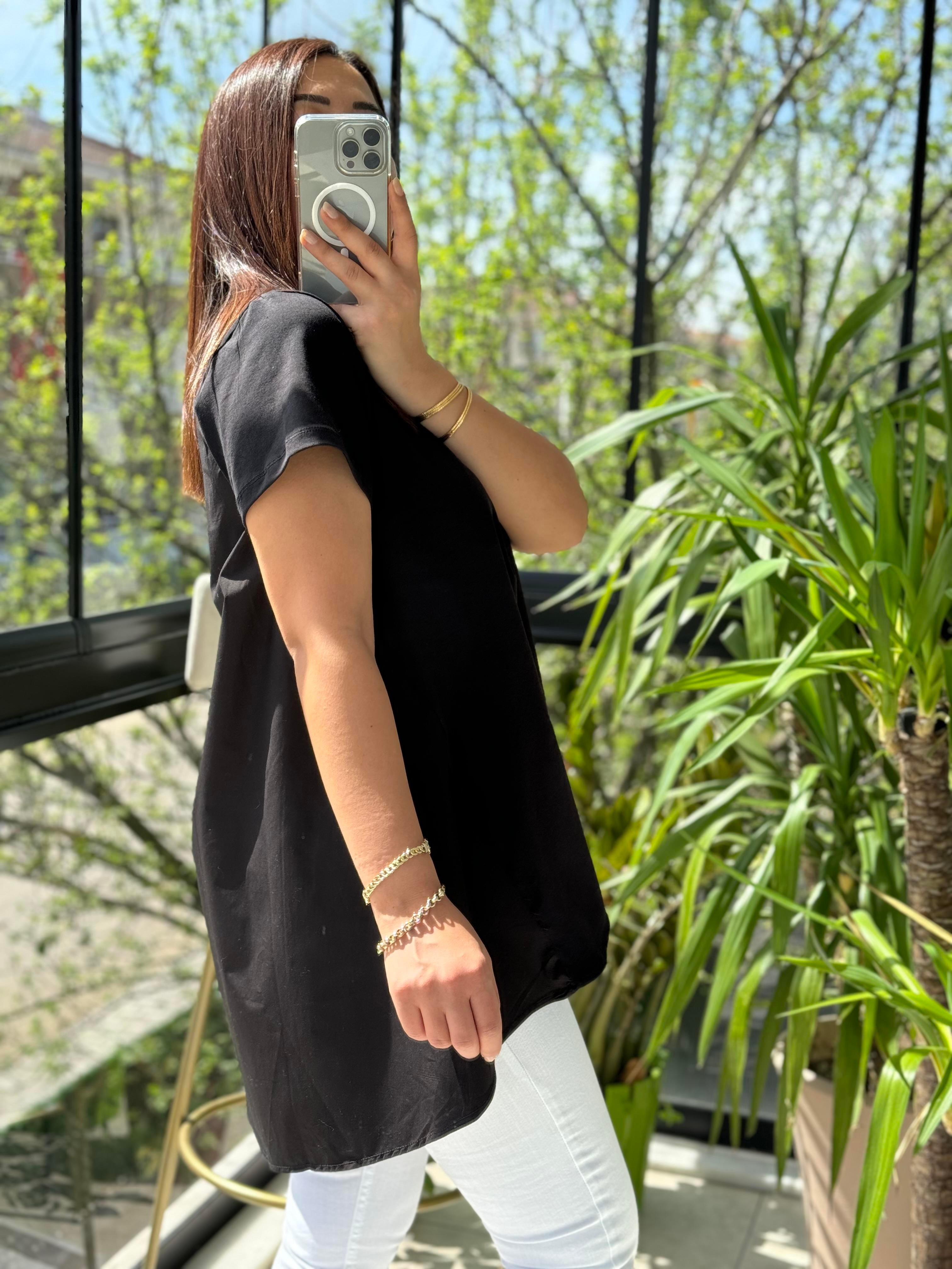 Arkası Poplin Tişört Siyah