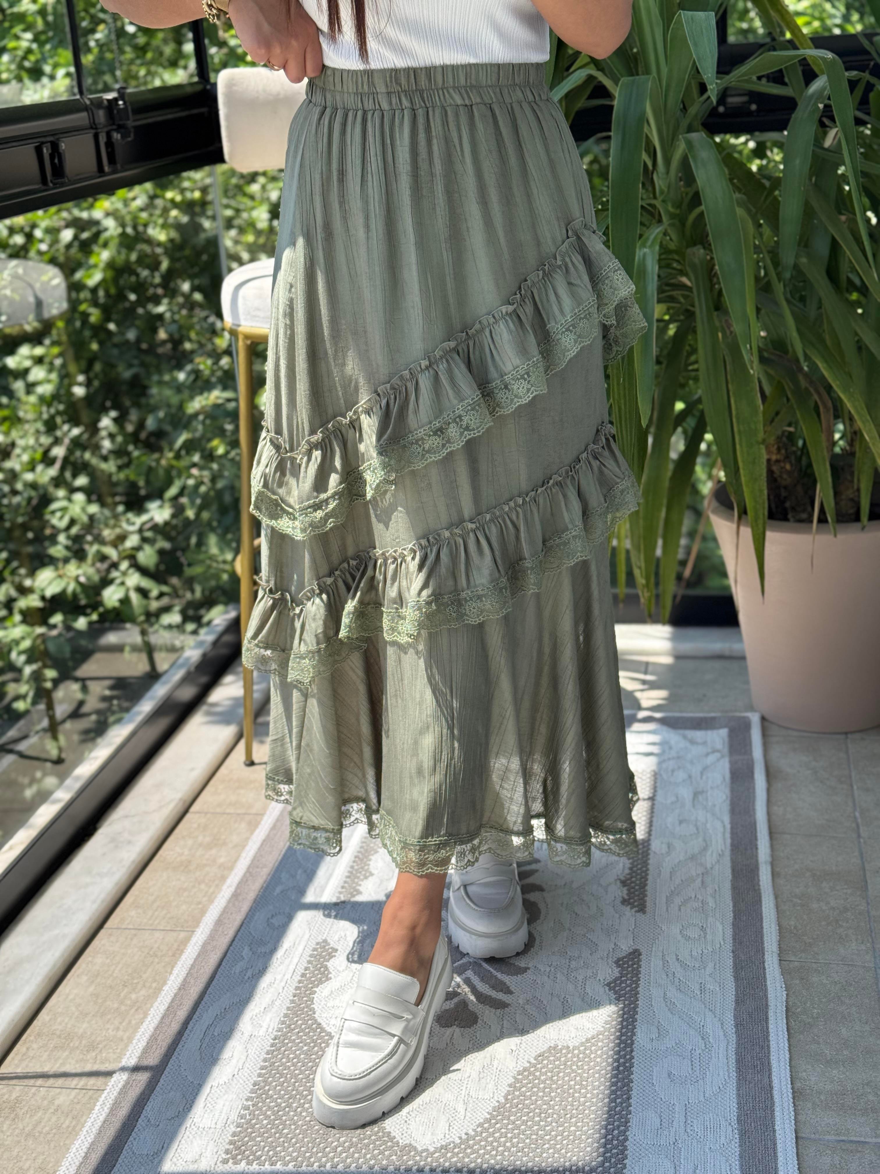 Asimetirk Fırfırlı Güpürlü Etek Haki Yeşili