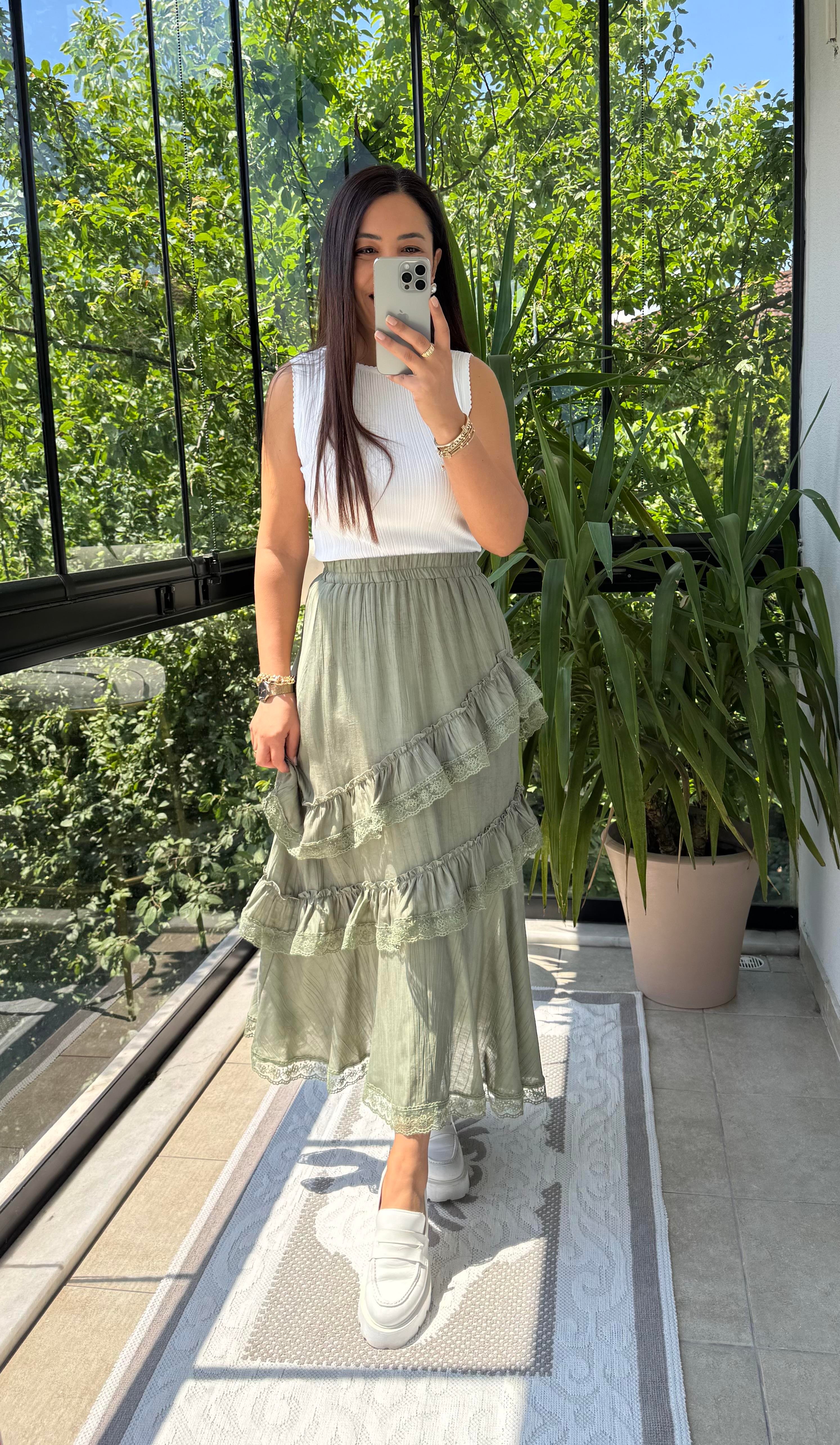 Asimetirk Fırfırlı Güpürlü Etek Haki Yeşili