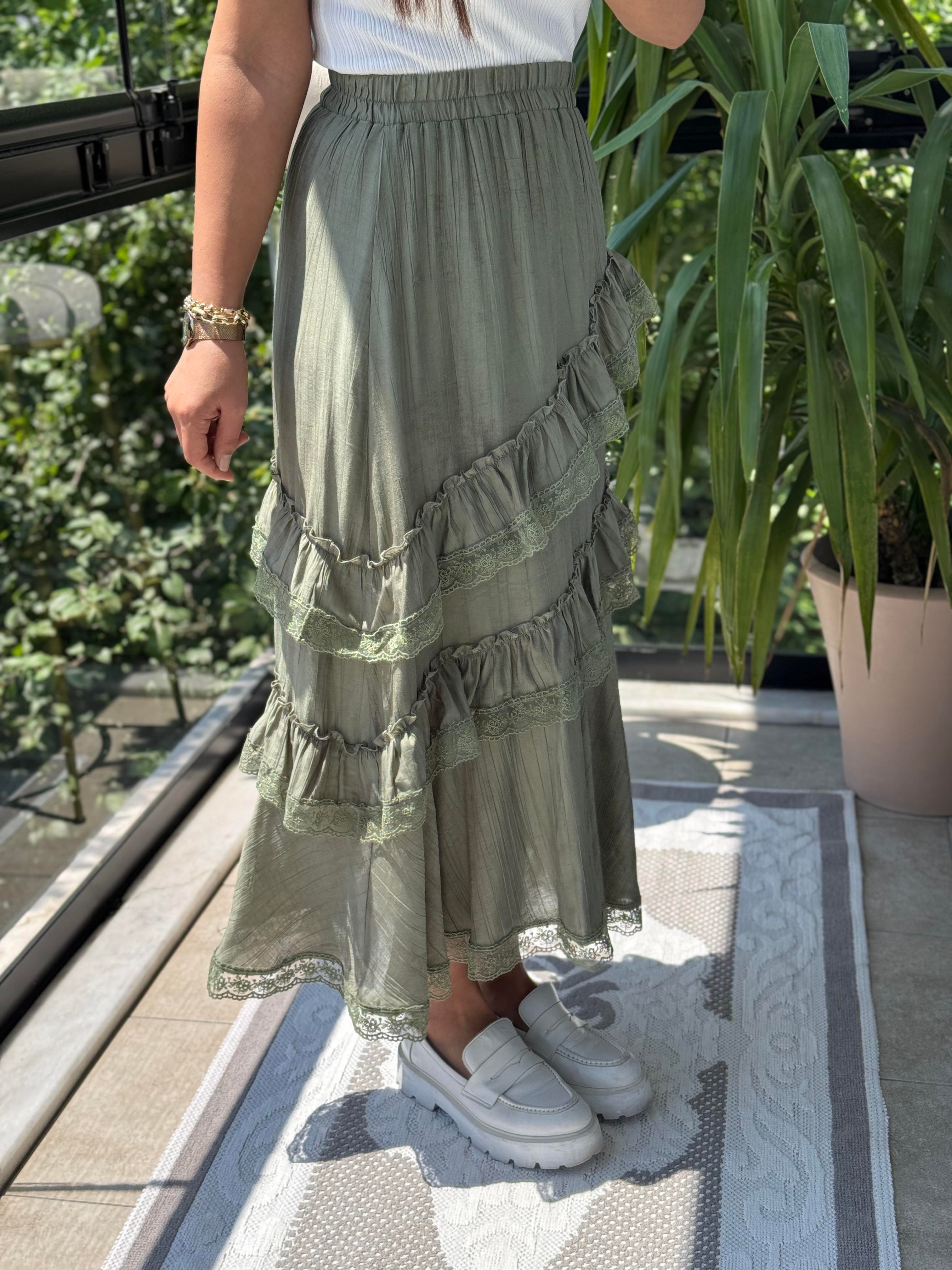 Asimetirk Fırfırlı Güpürlü Etek Haki Yeşili