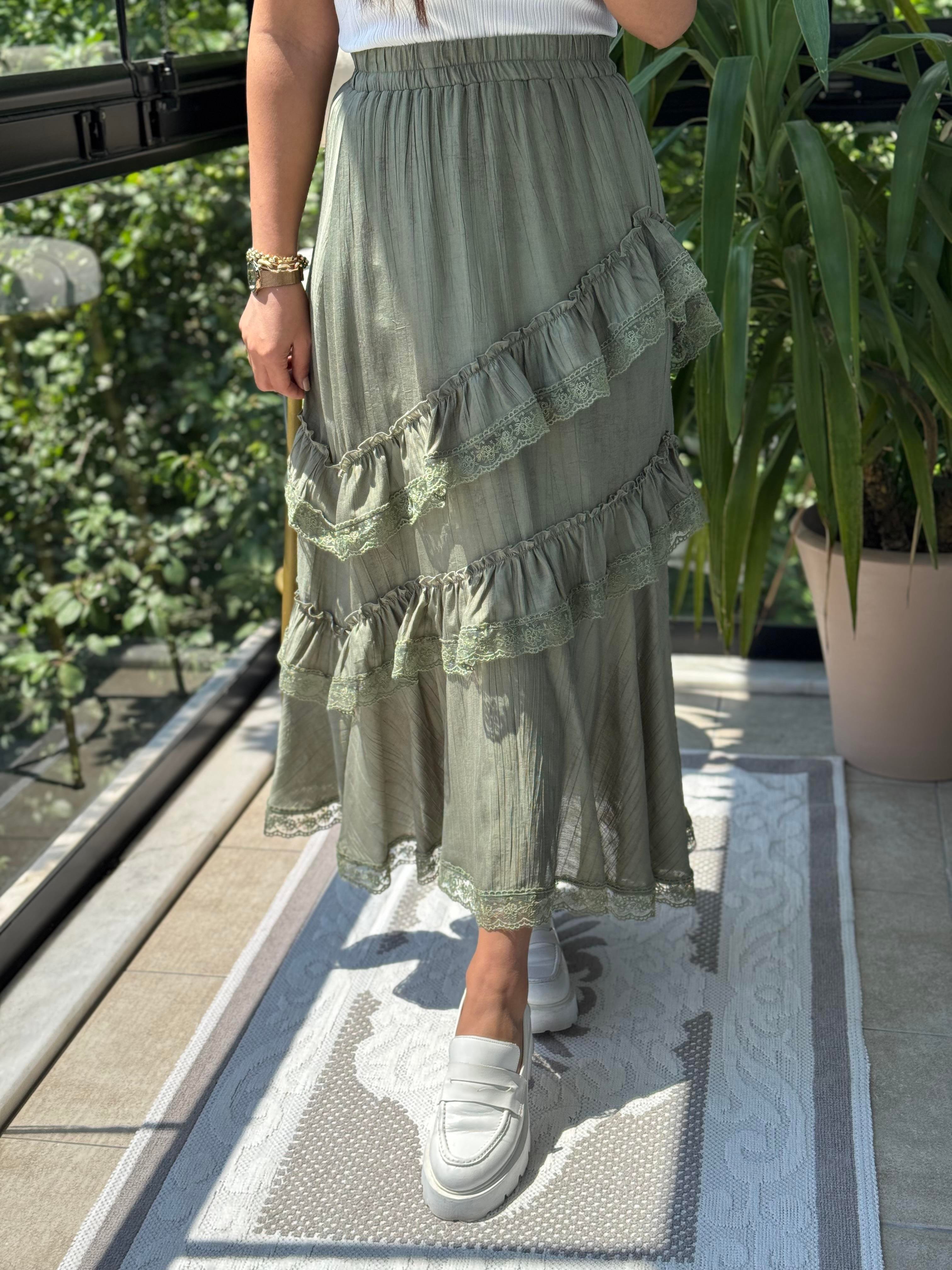 Asimetirk Fırfırlı Güpürlü Etek Haki Yeşili