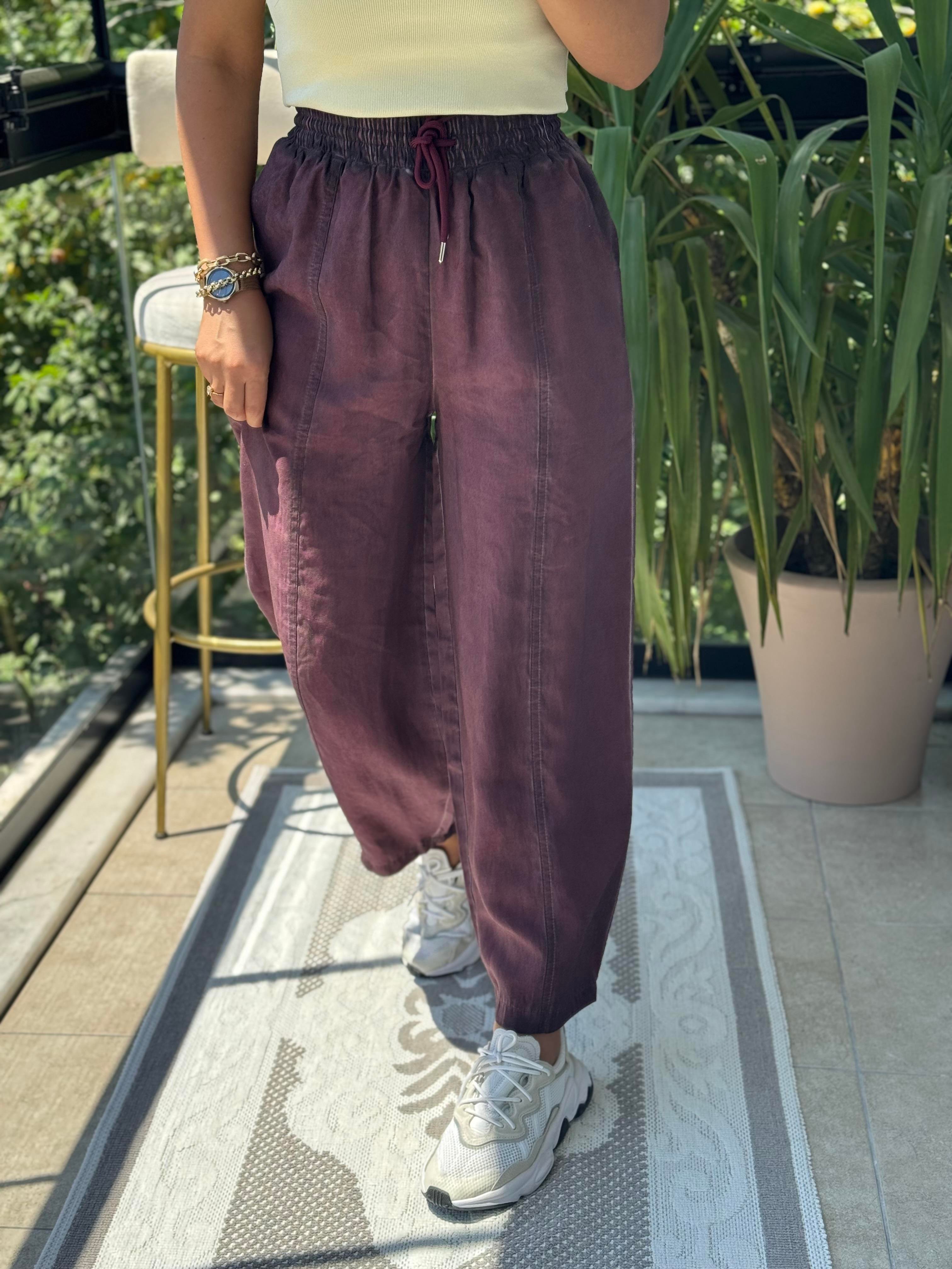 Asit Yıkamalı Bagi Pantolon Mürdüm