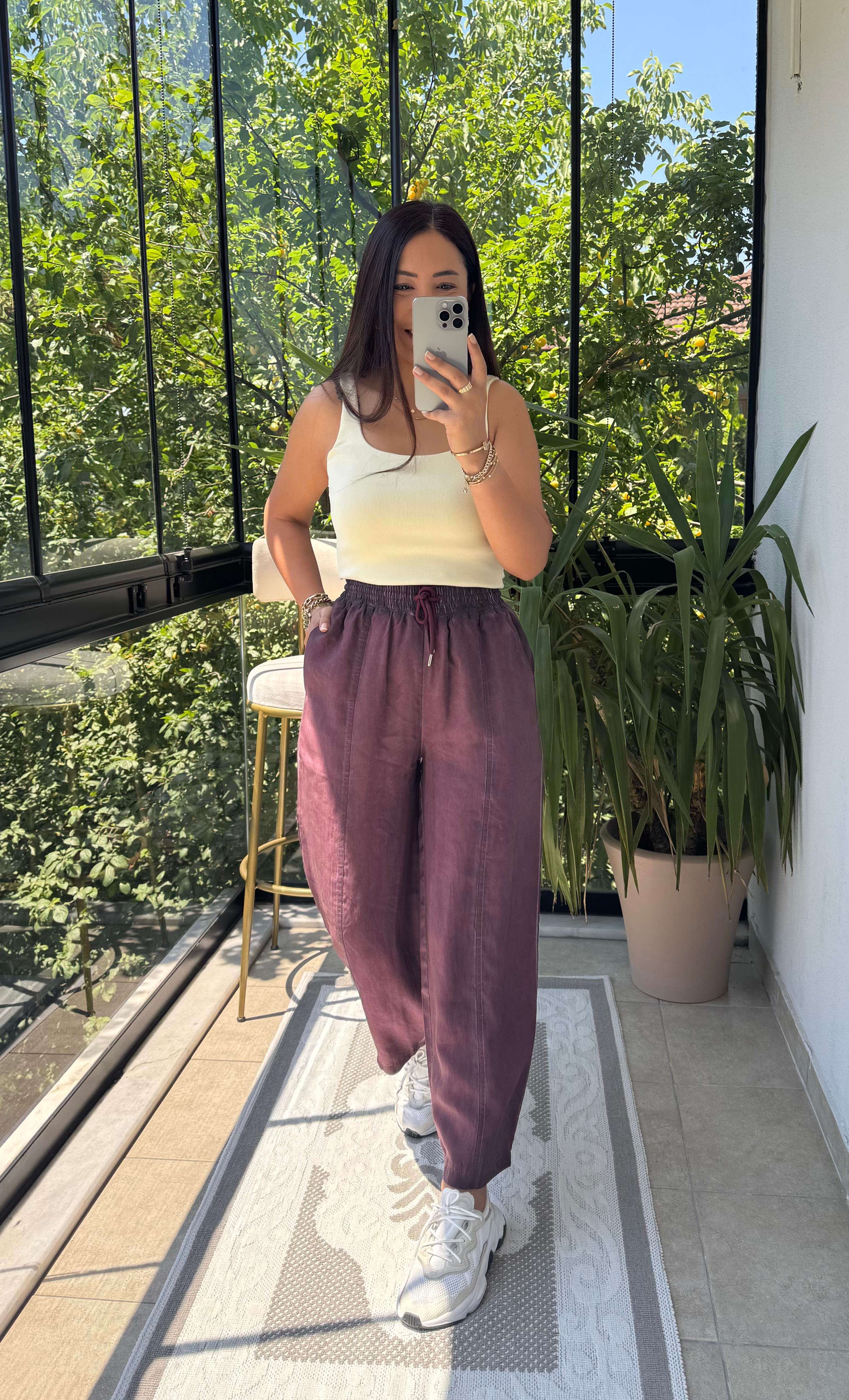 Asit Yıkamalı Bagi Pantolon Mürdüm