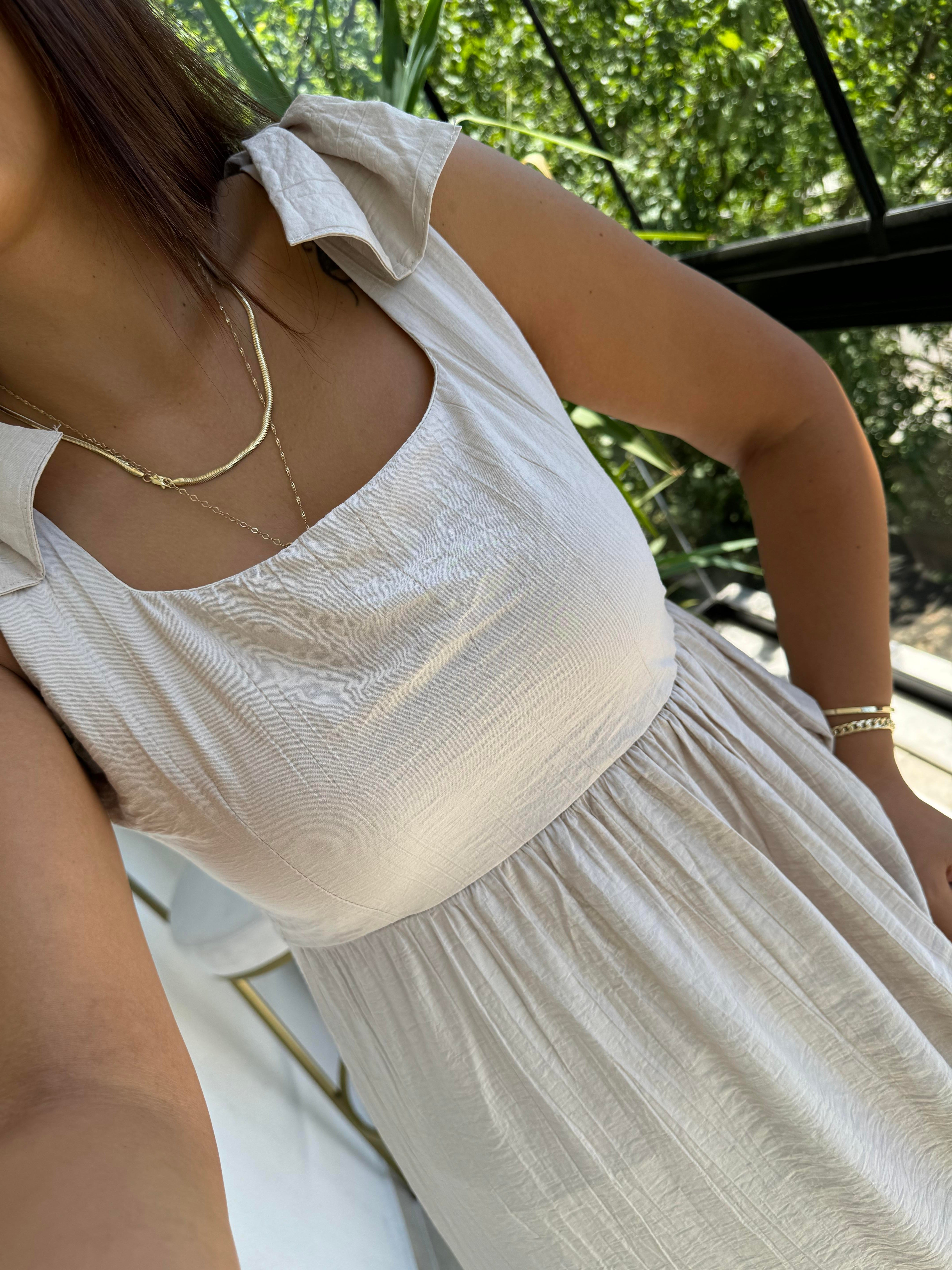 Askı Kurdele Detay Elbise Bej