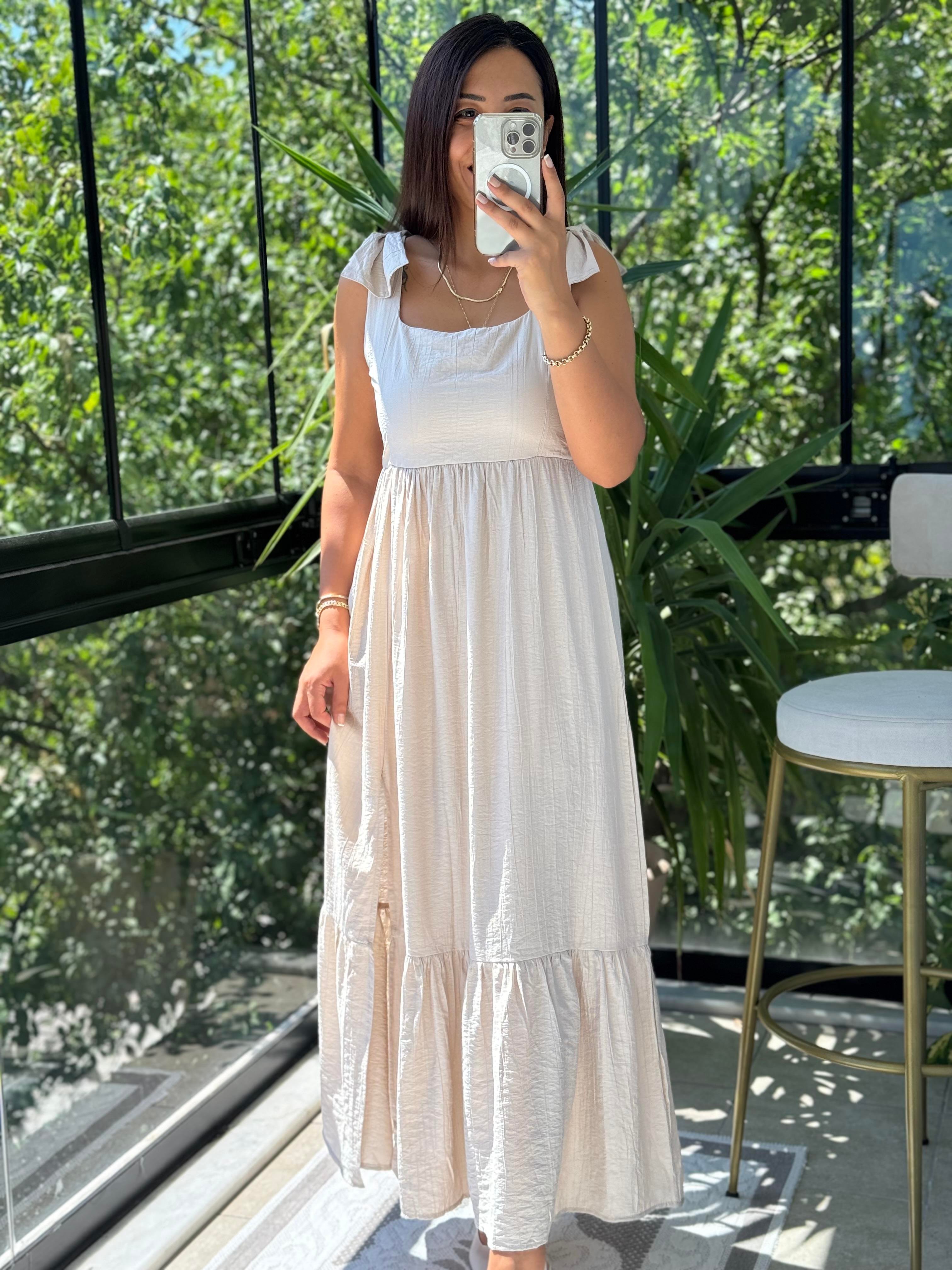 Askı Kurdele Detay Elbise Bej