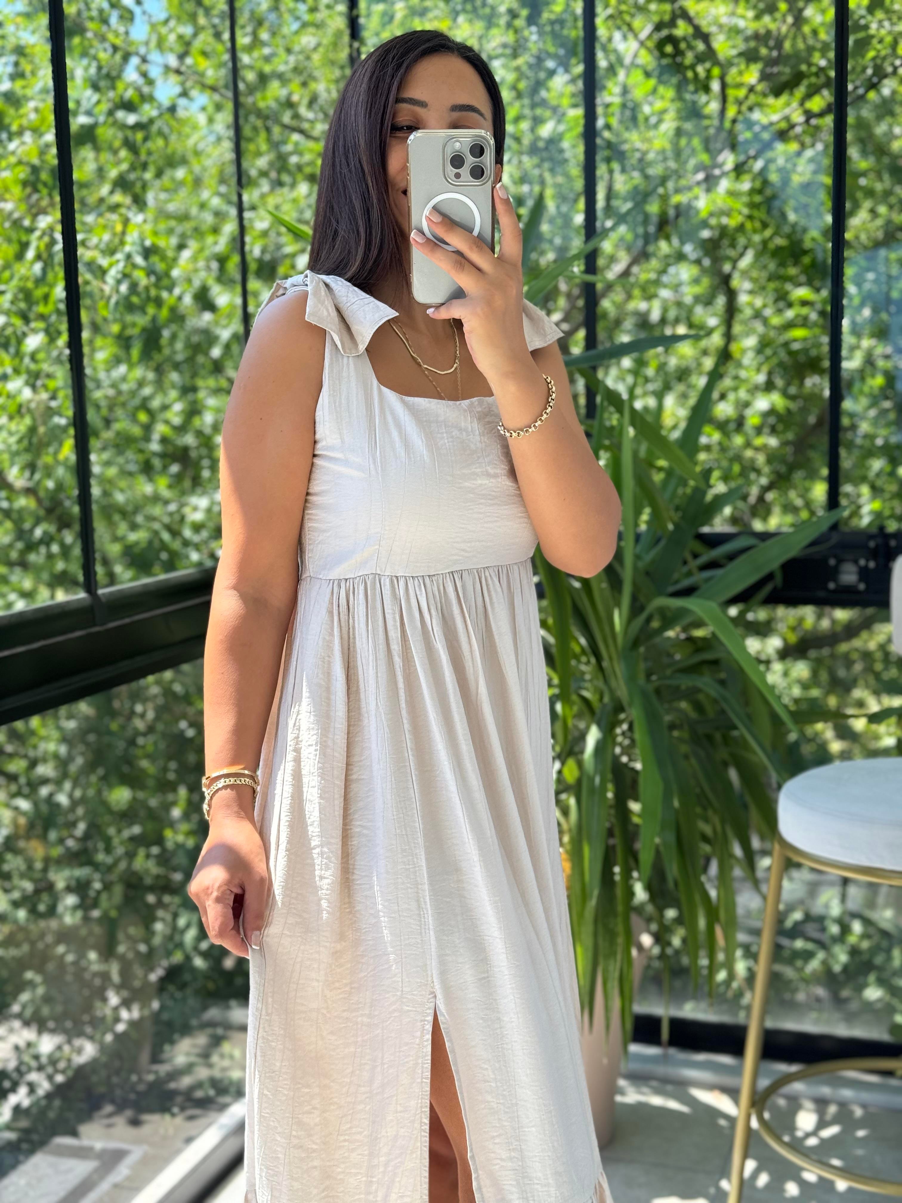 Askı Kurdele Detay Elbise Bej