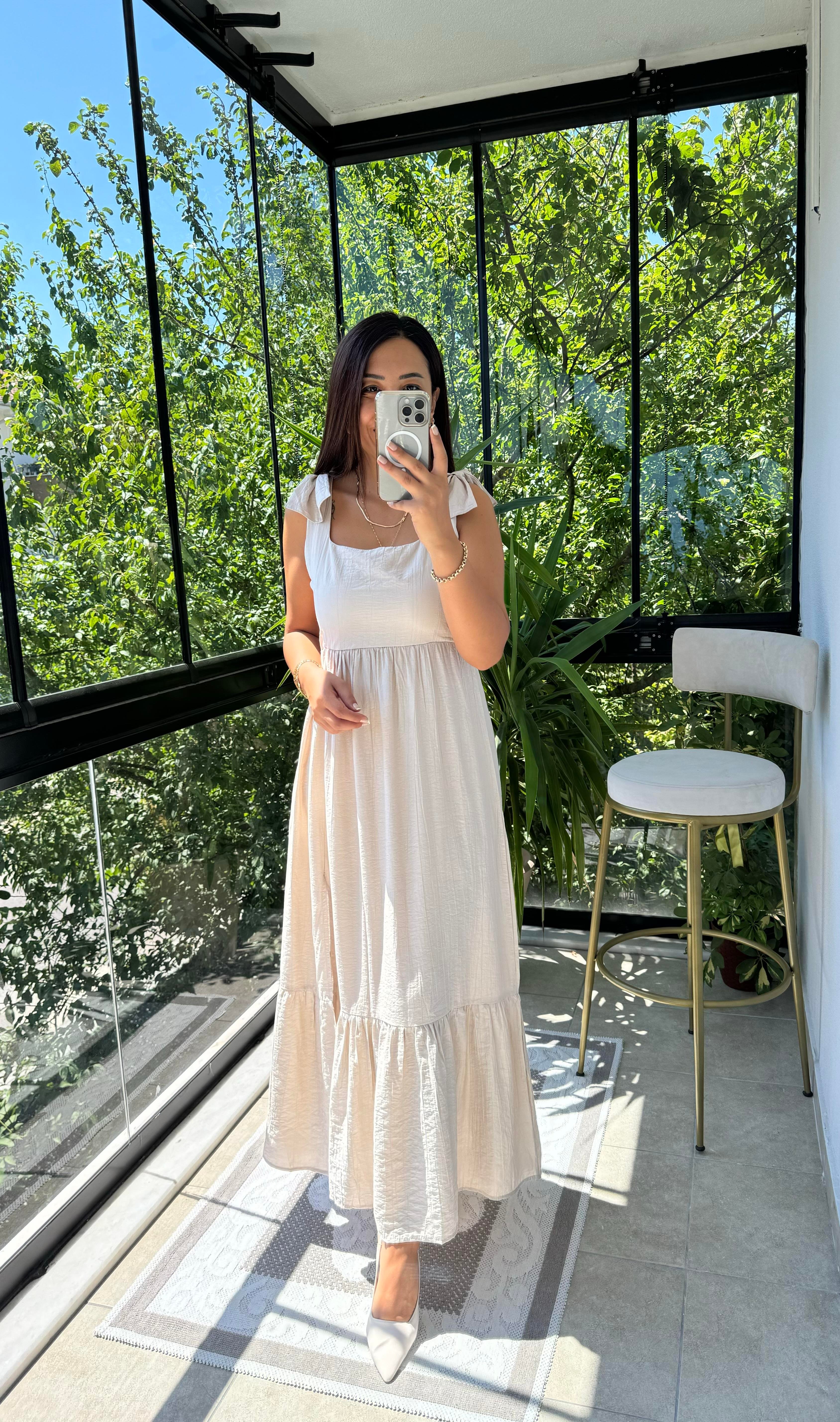 Askı Kurdele Detay Elbise Bej