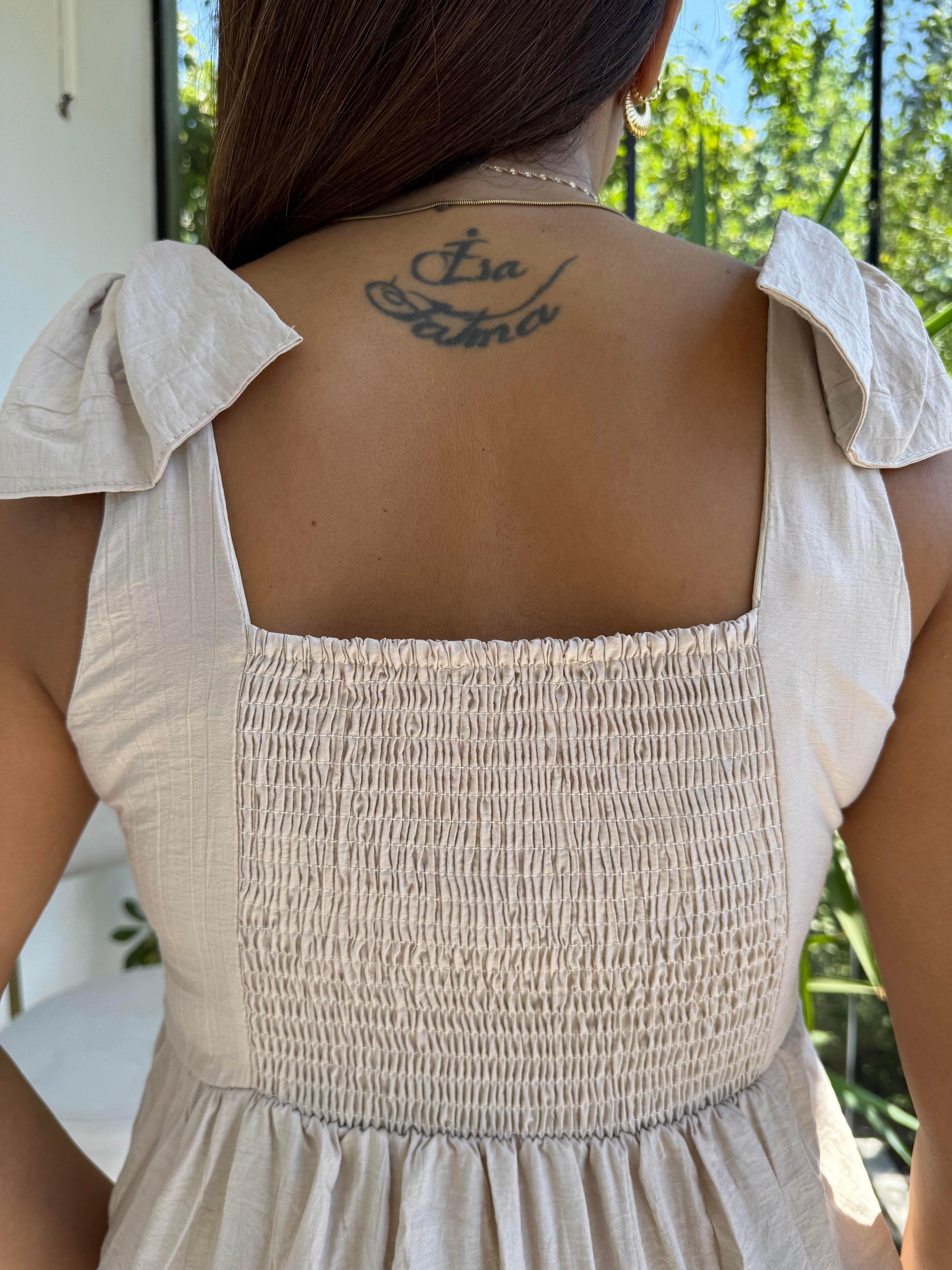 Askı Kurdele Detay Elbise Bej