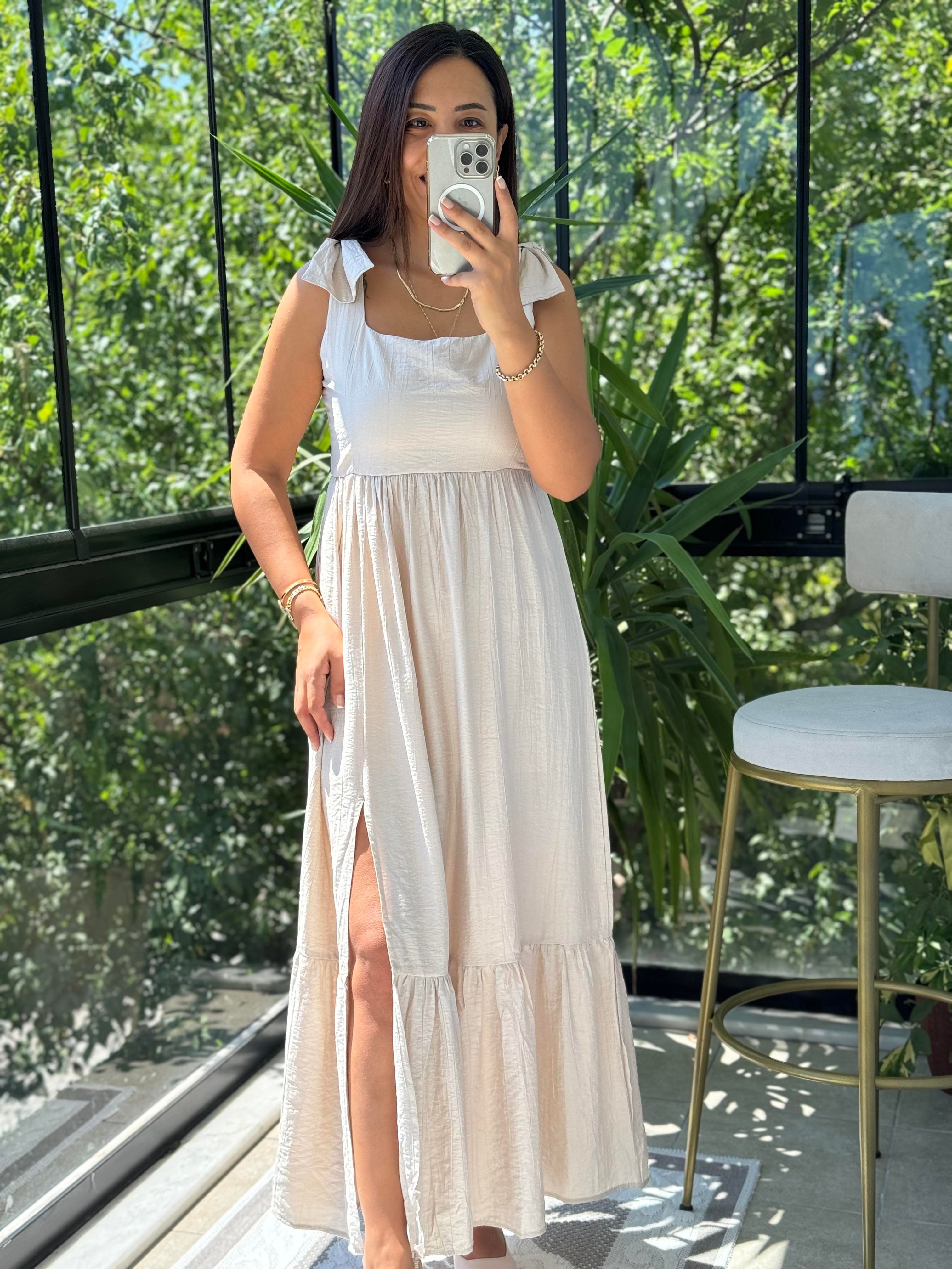 Askı Kurdele Detay Elbise Bej