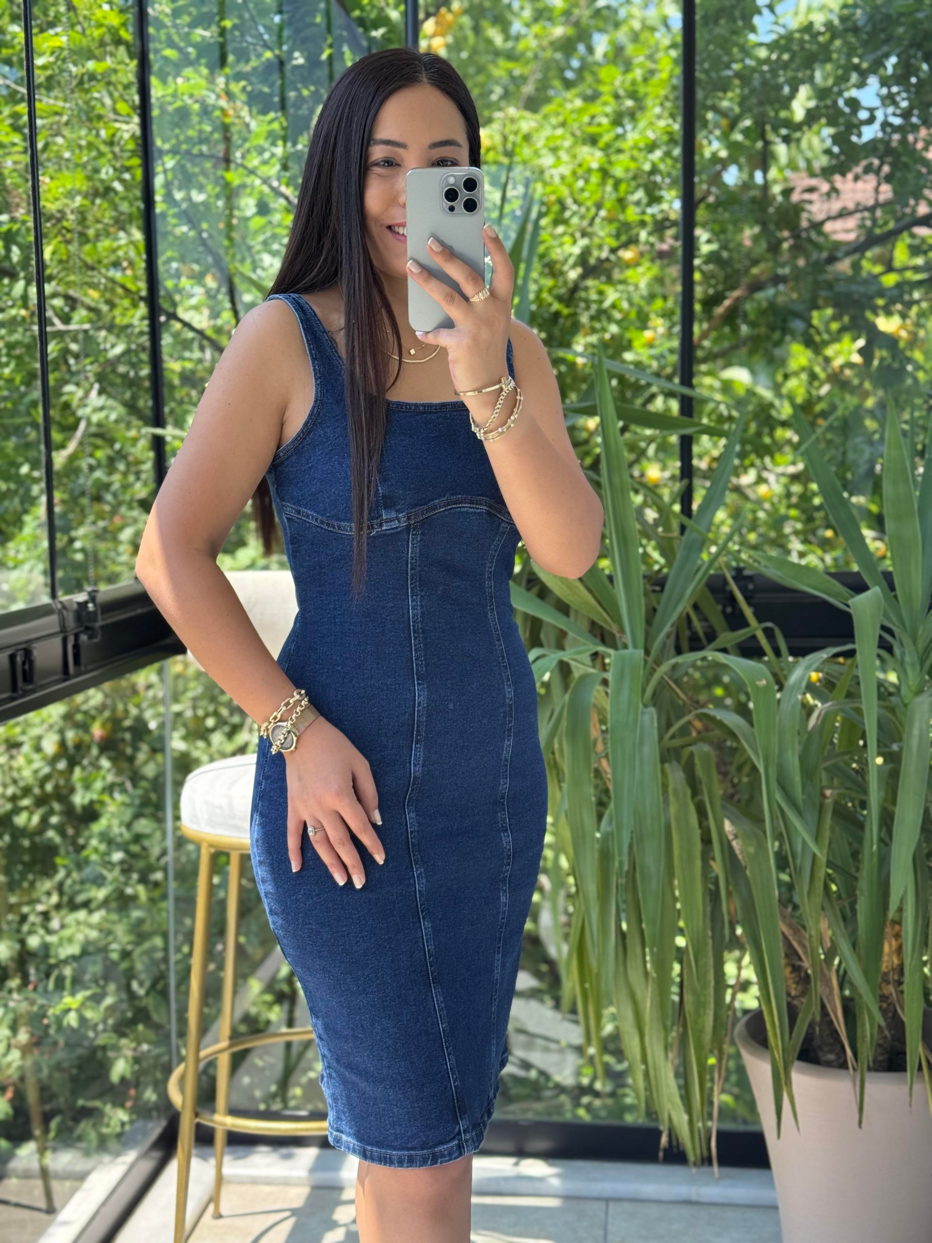 Askılı Fermuarlı Denim Midi Elibise Lacivert