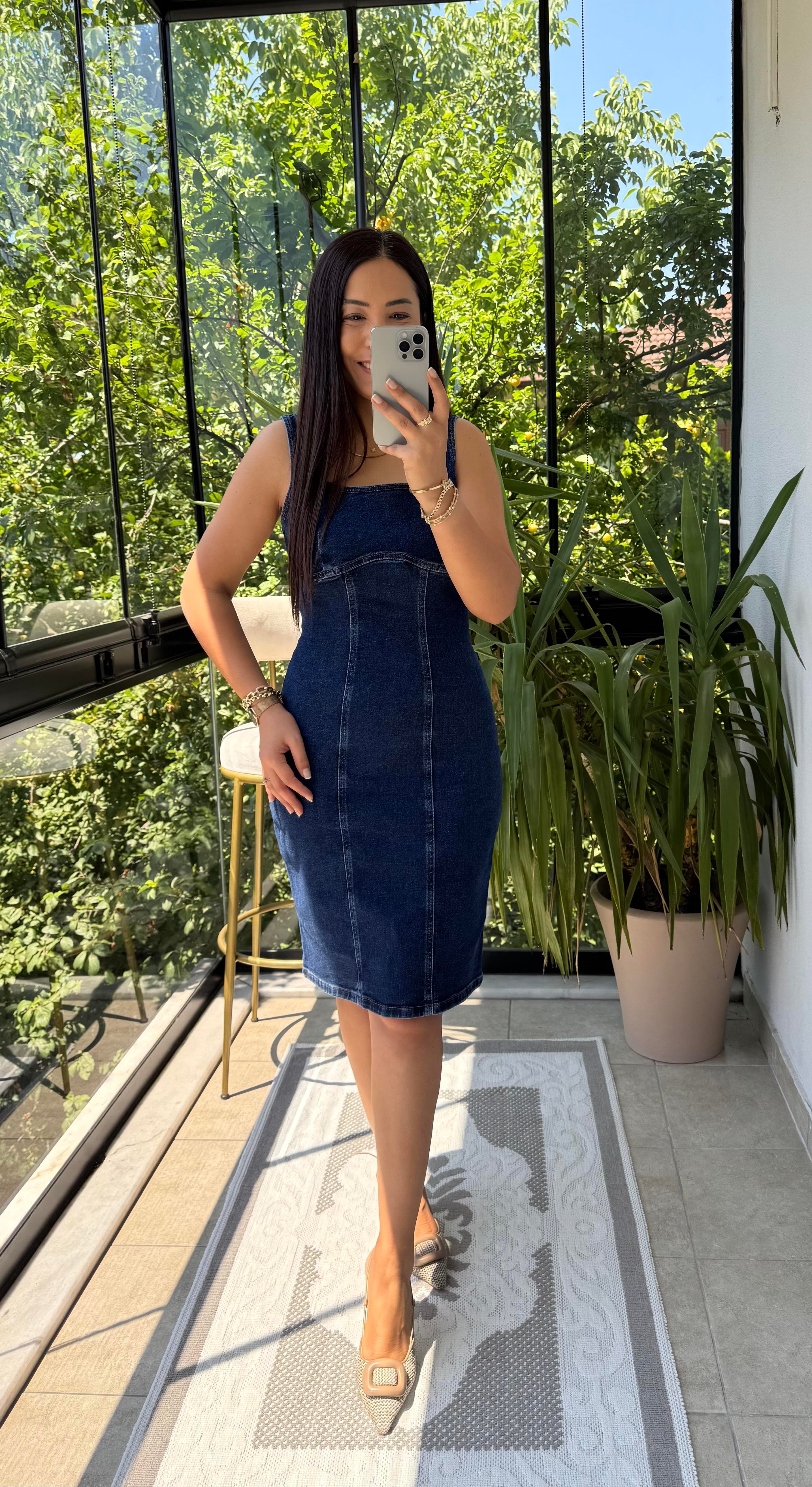 Askılı Fermuarlı Denim Midi Elibise Lacivert