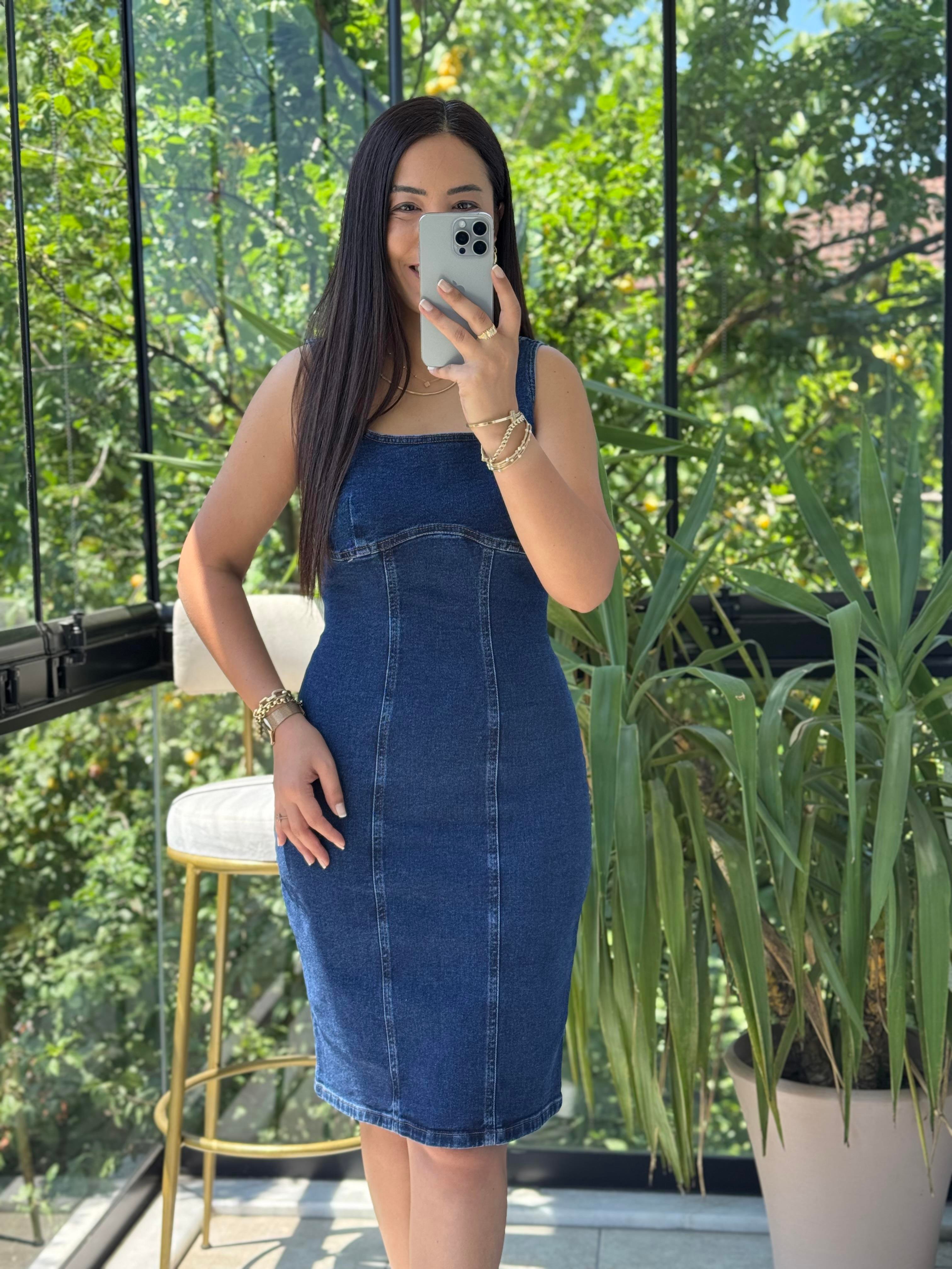 Askılı Fermuarlı Denim Midi Elibise Lacivert