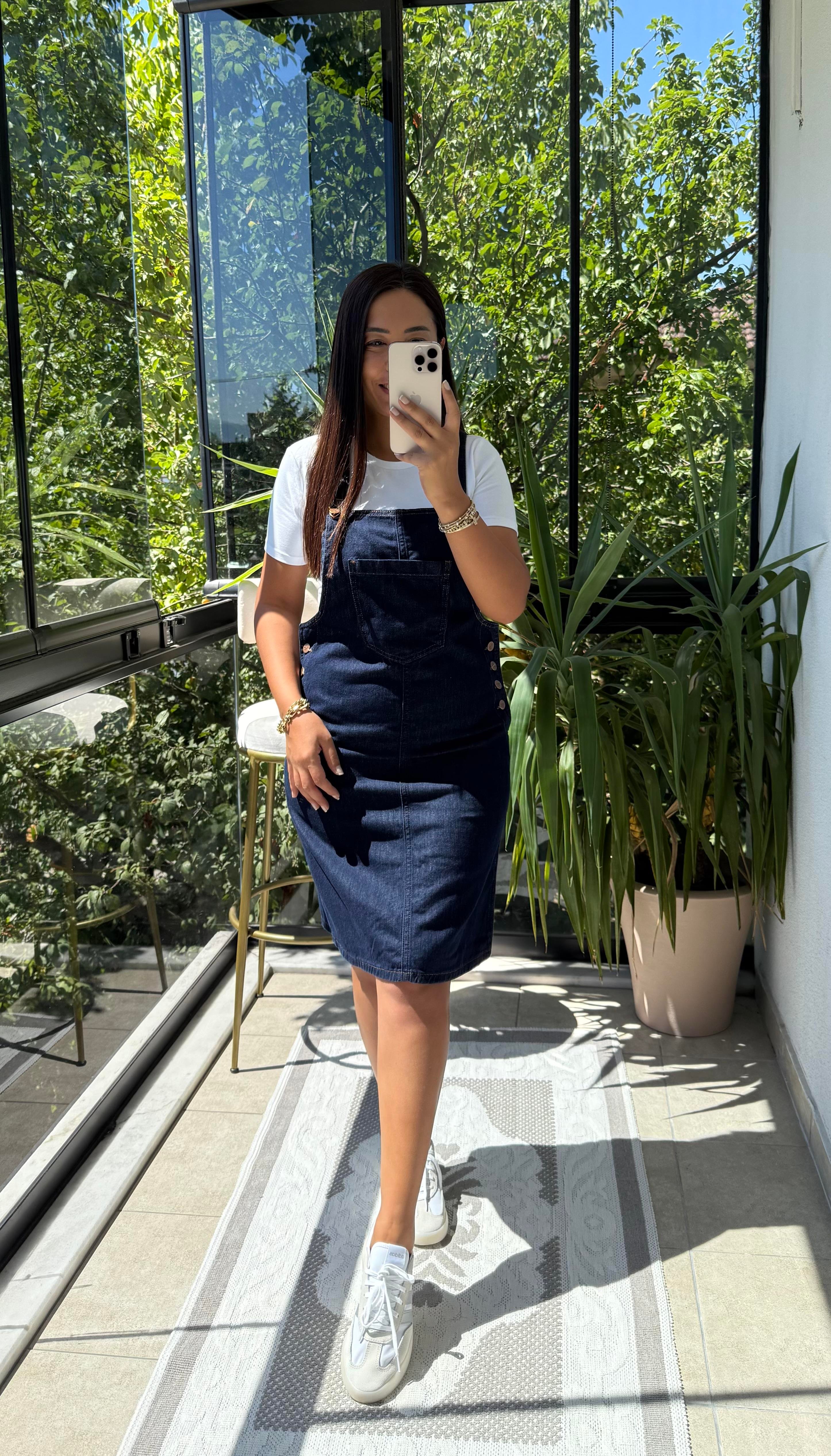 Askılı Salopet Elbise Slaplı Lacivert