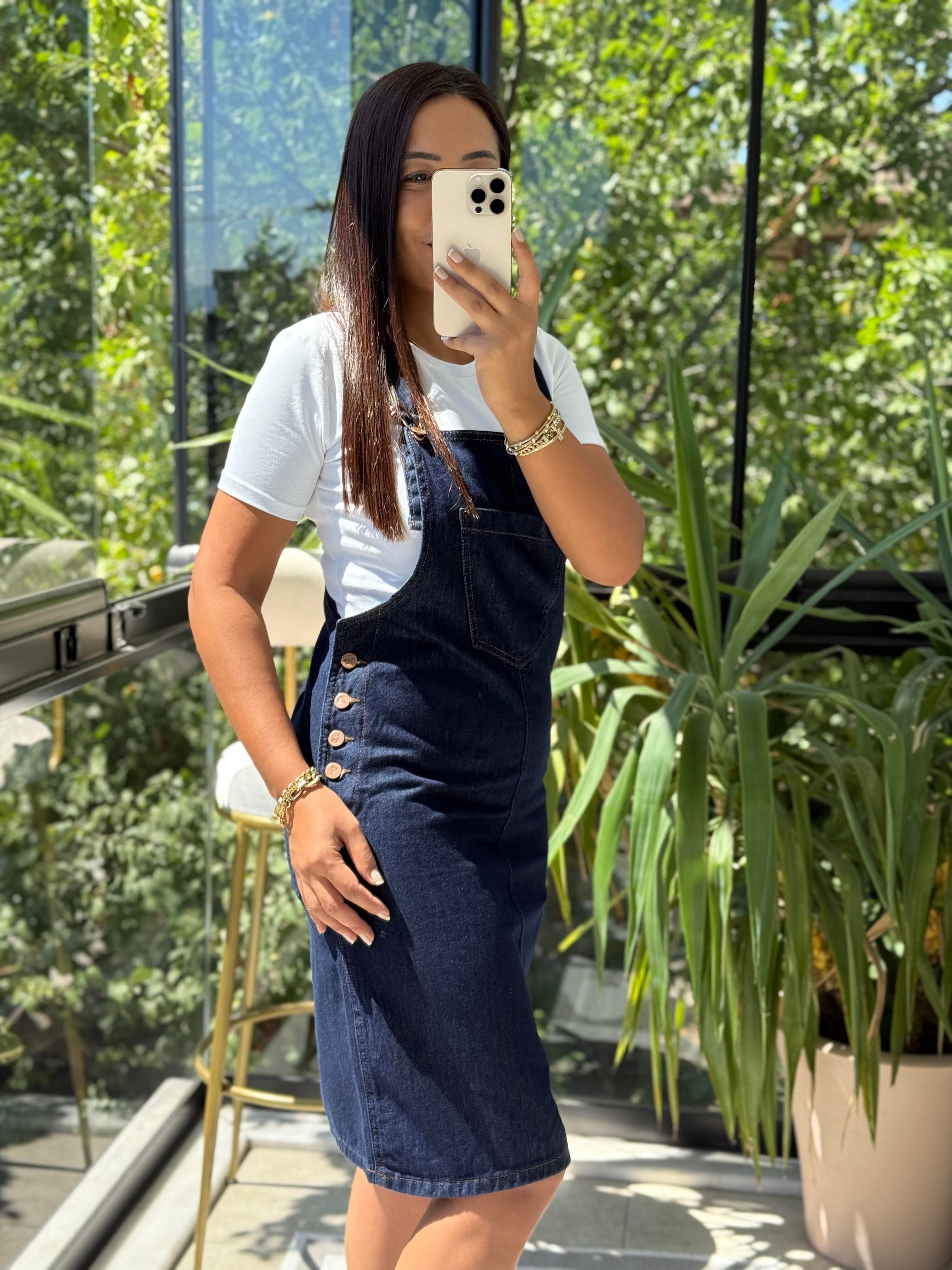 Askılı Salopet Elbise Slaplı Lacivert