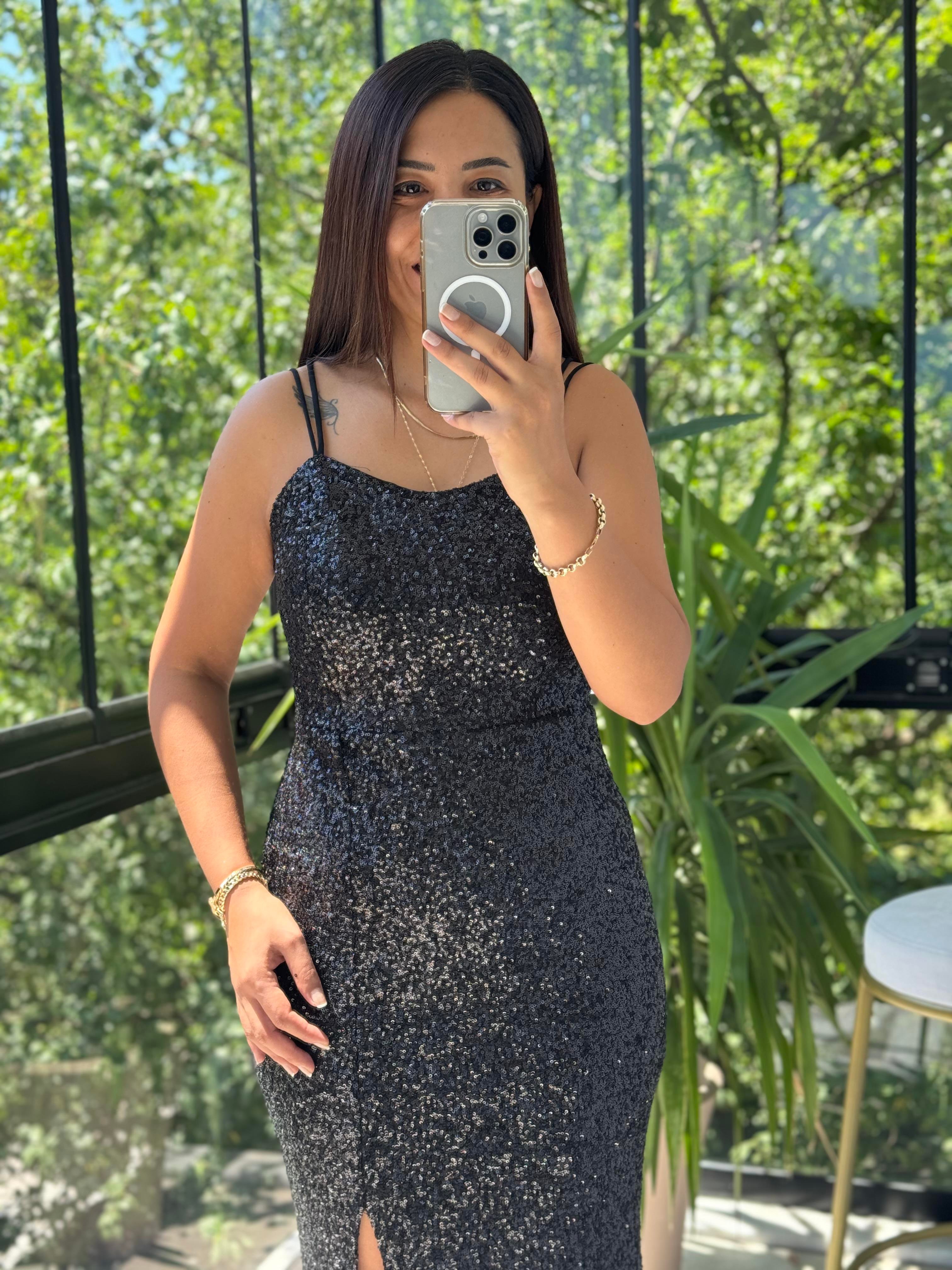 Askılı Yırtmaçlı Uzun Pul Abiye Siyah