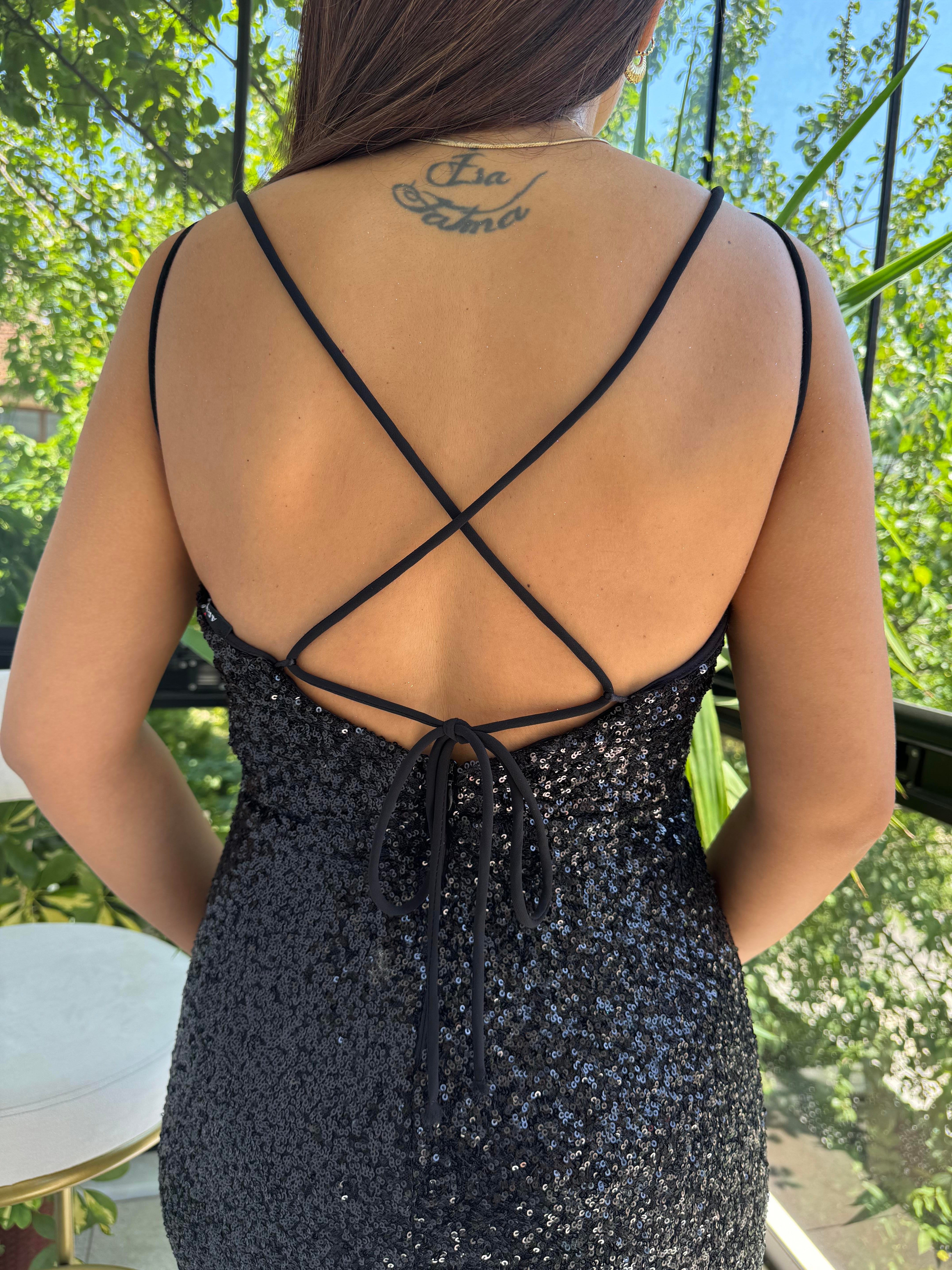 Askılı Yırtmaçlı Uzun Pul Abiye Siyah