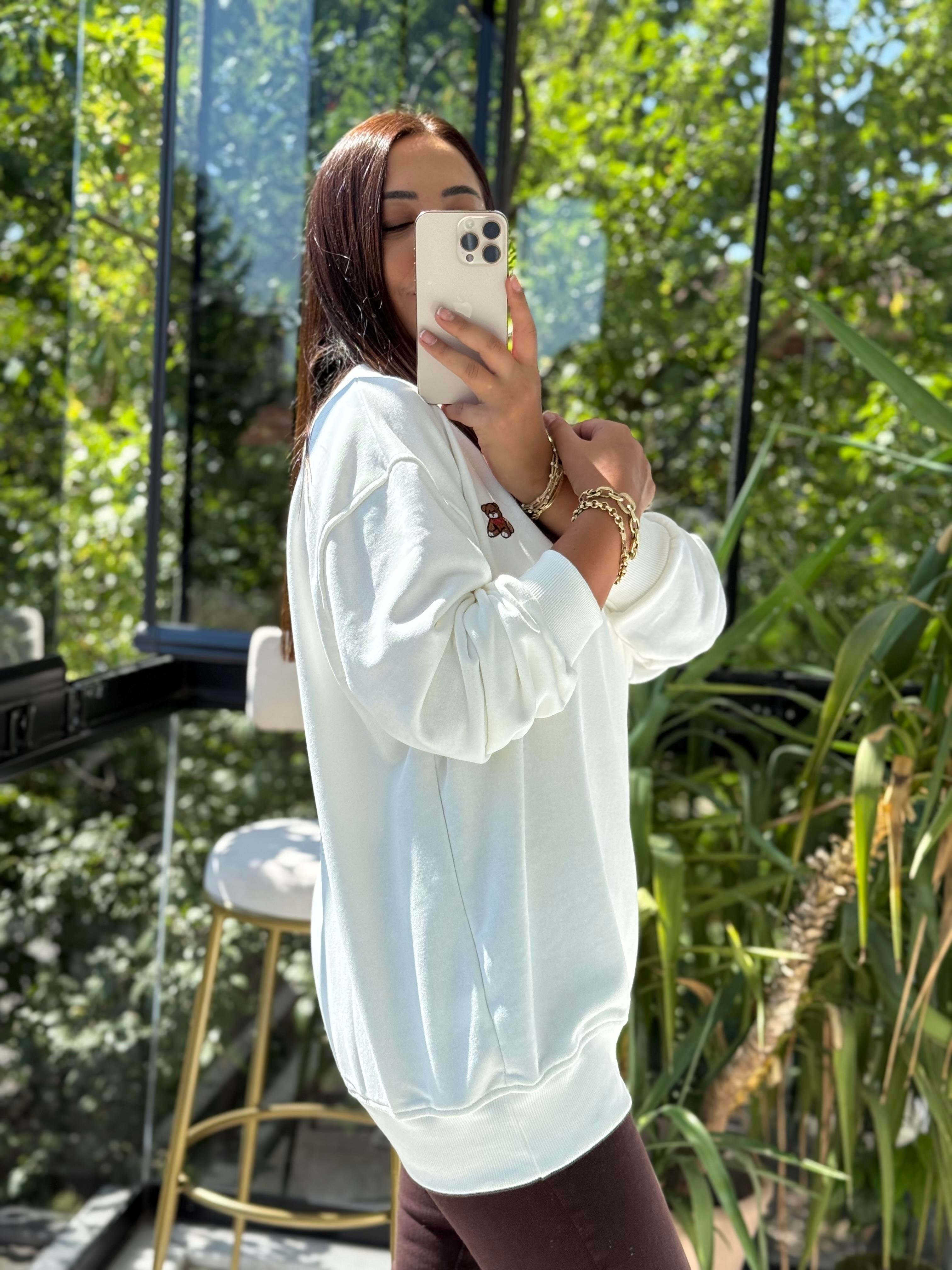 Ayıcık Nakışlı Basic Sweatshirt Beyaz