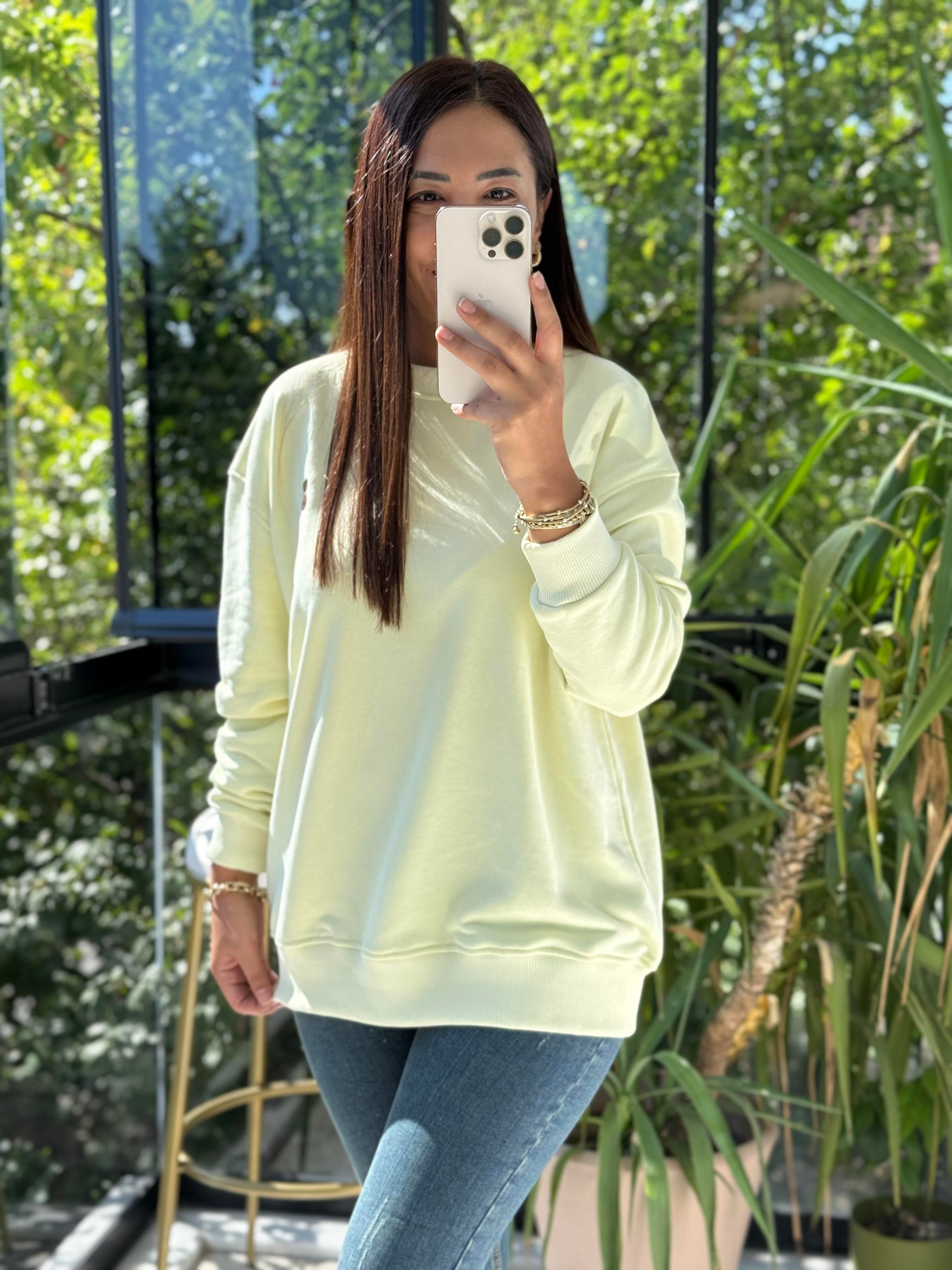 Ayıcık Nakışlı Basic Sweatshirt Limon Sarısı