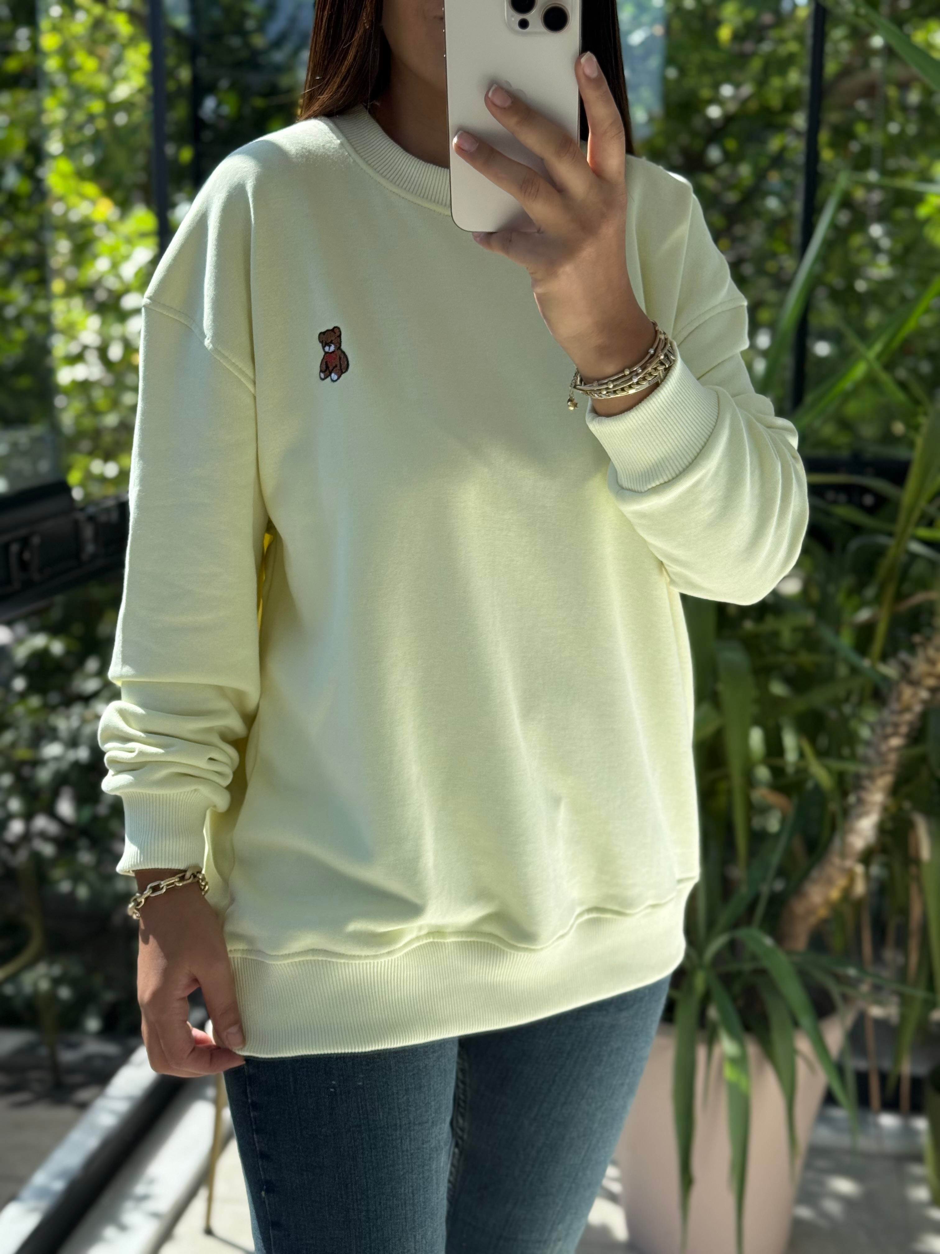 Ayıcık Nakışlı Basic Sweatshirt Limon Sarısı