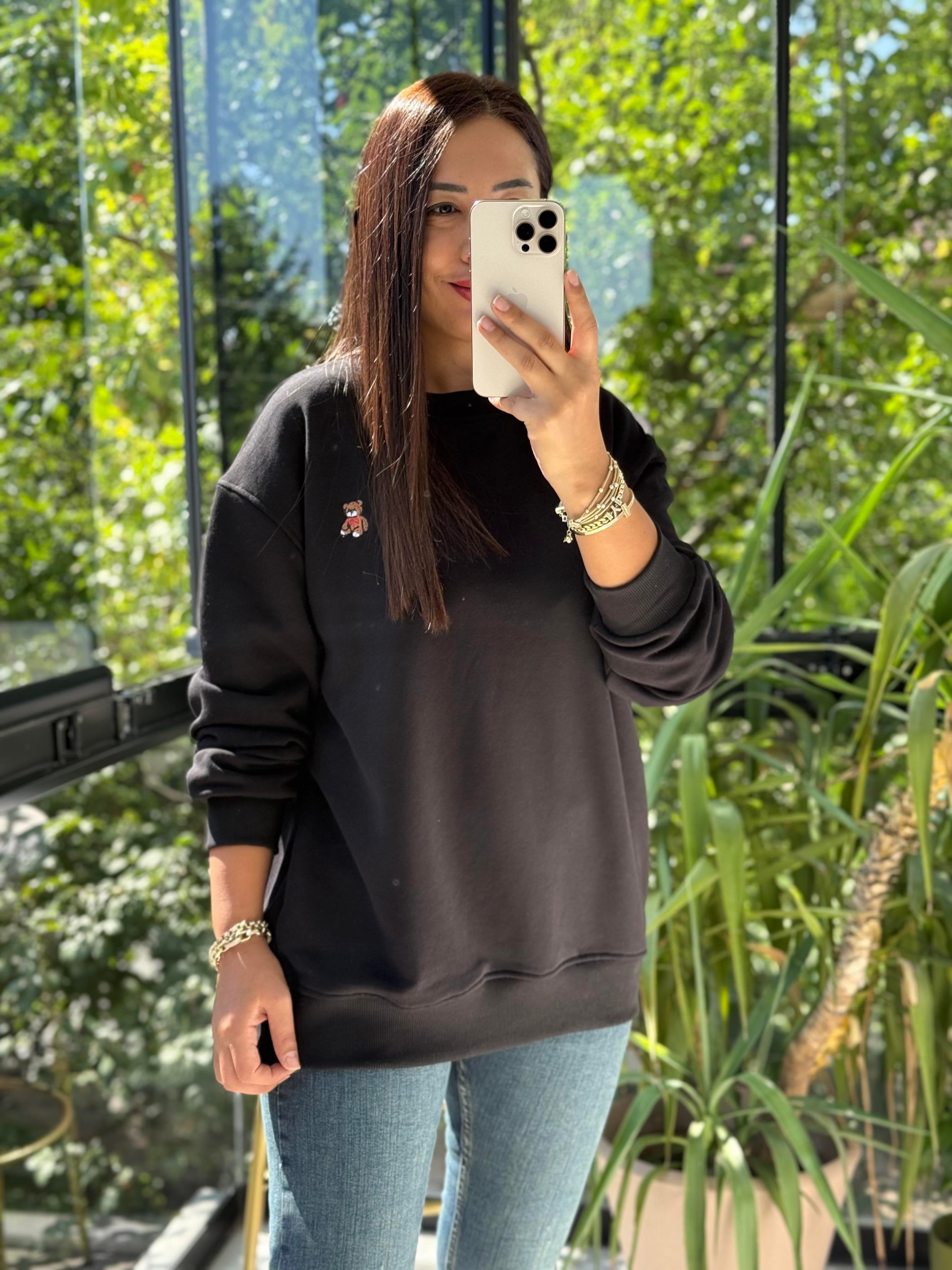 Ayıcık Nakışlı Basic Sweatshirt Siyah