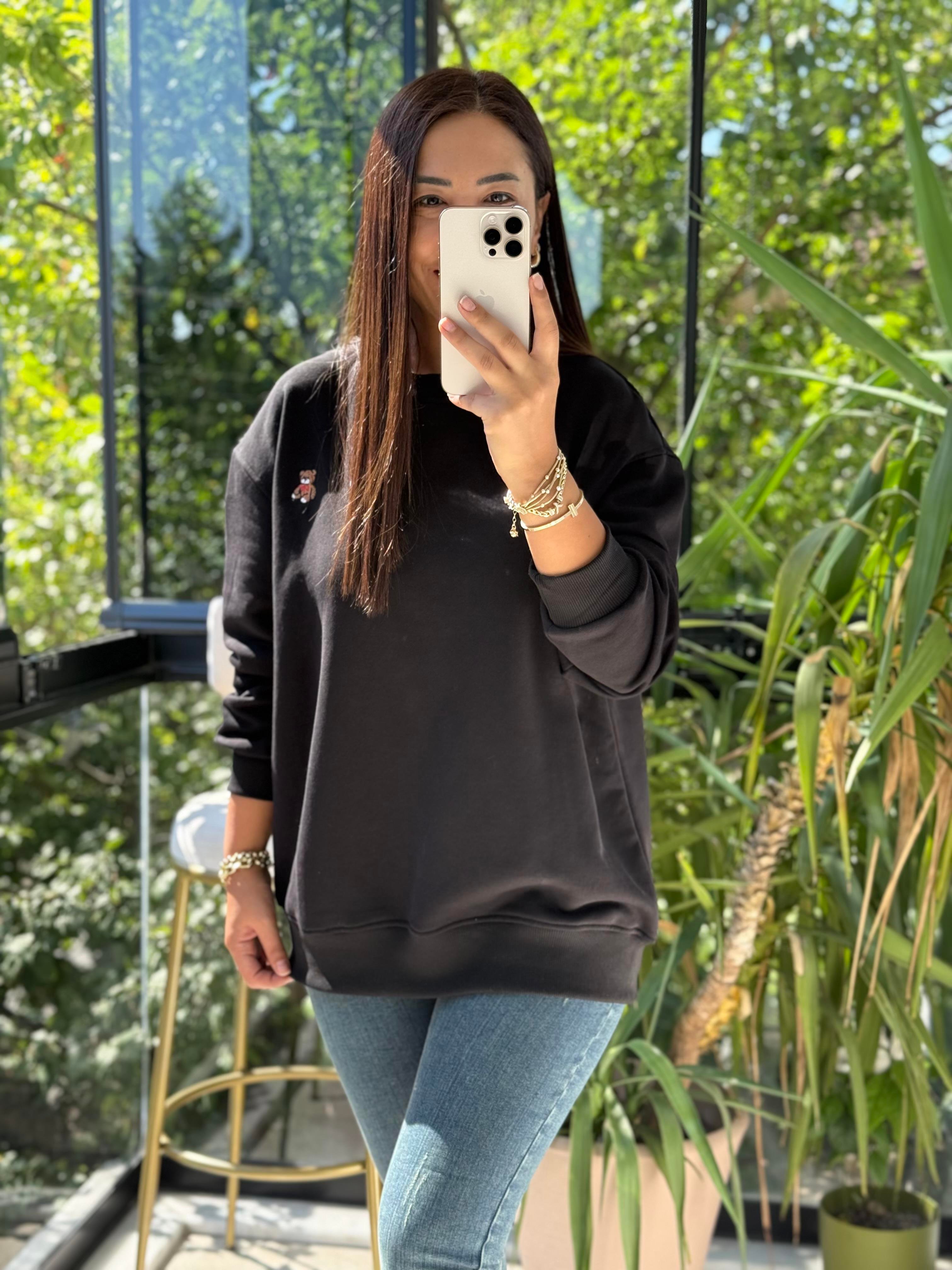 Ayıcık Nakışlı Basic Sweatshirt Siyah